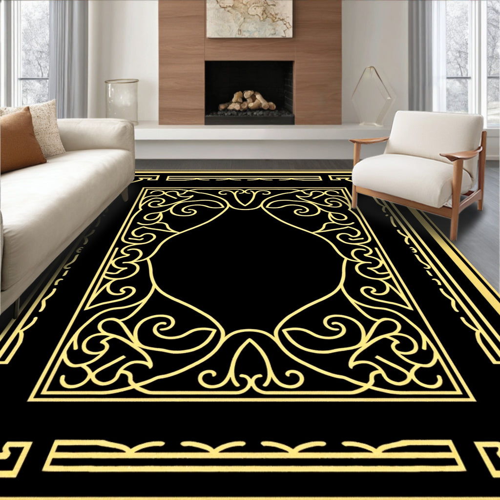 Elegant Gold Floral Scrollwork Frame Rug