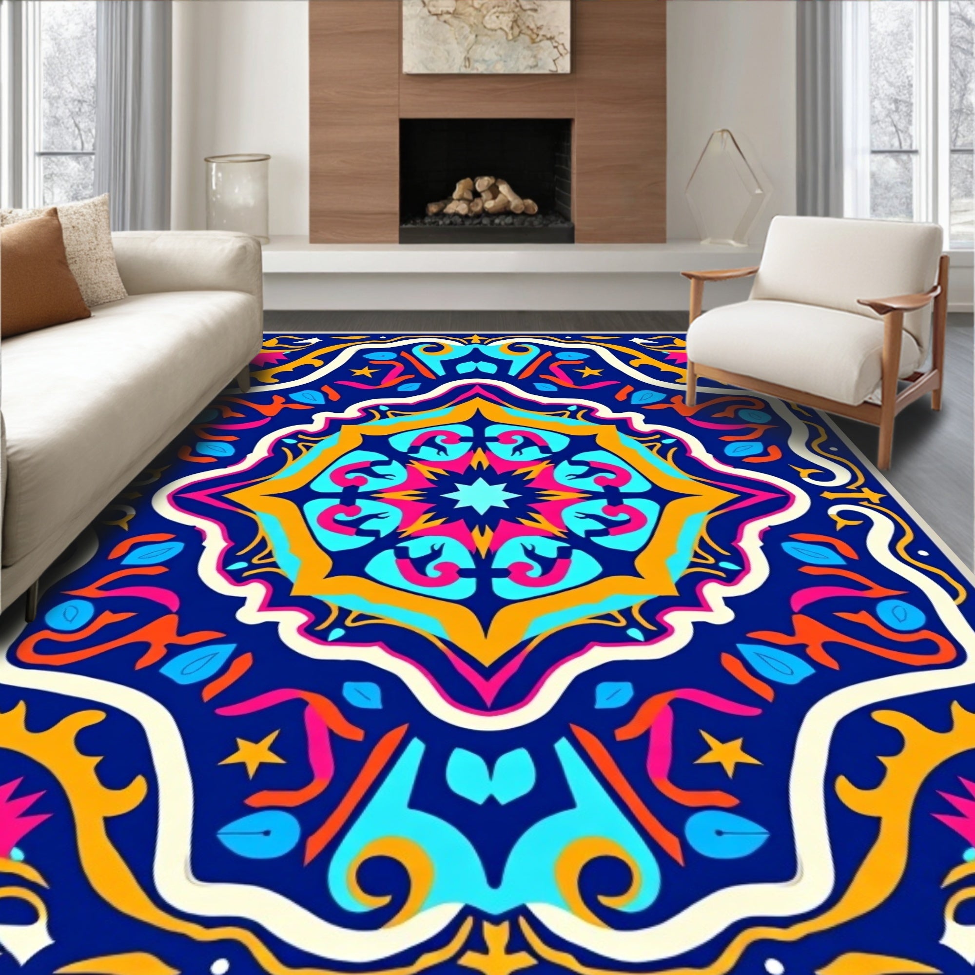 Vibrant Indigo Floral Sunburst Rug