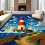 Coastal Red White Lighthouse Seagull Sky Rug