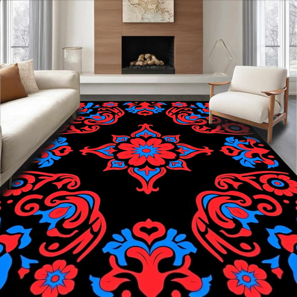 Reds Blues Black Floral Symmetry Rug