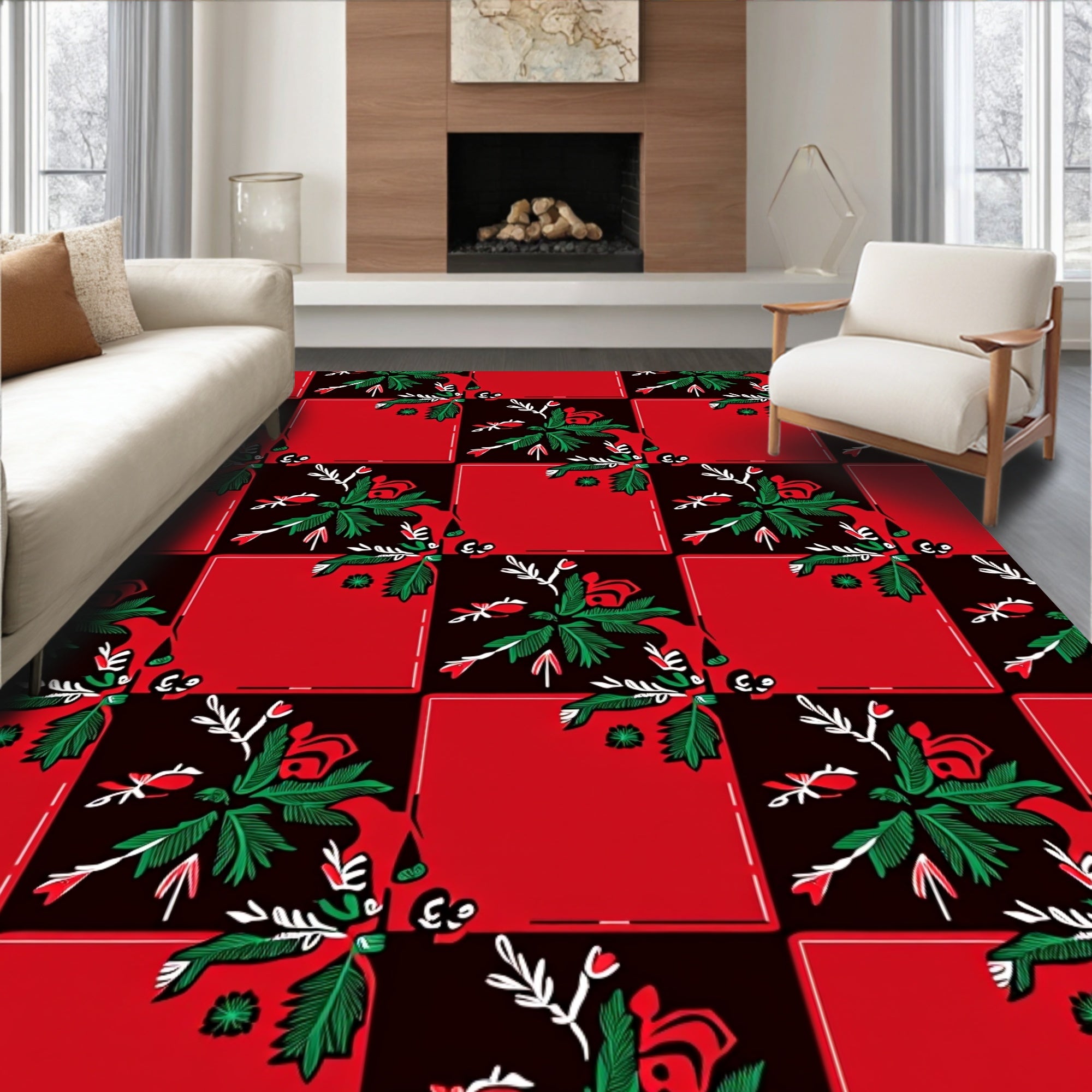 Crimson and Emerald Floral Checkered Rug