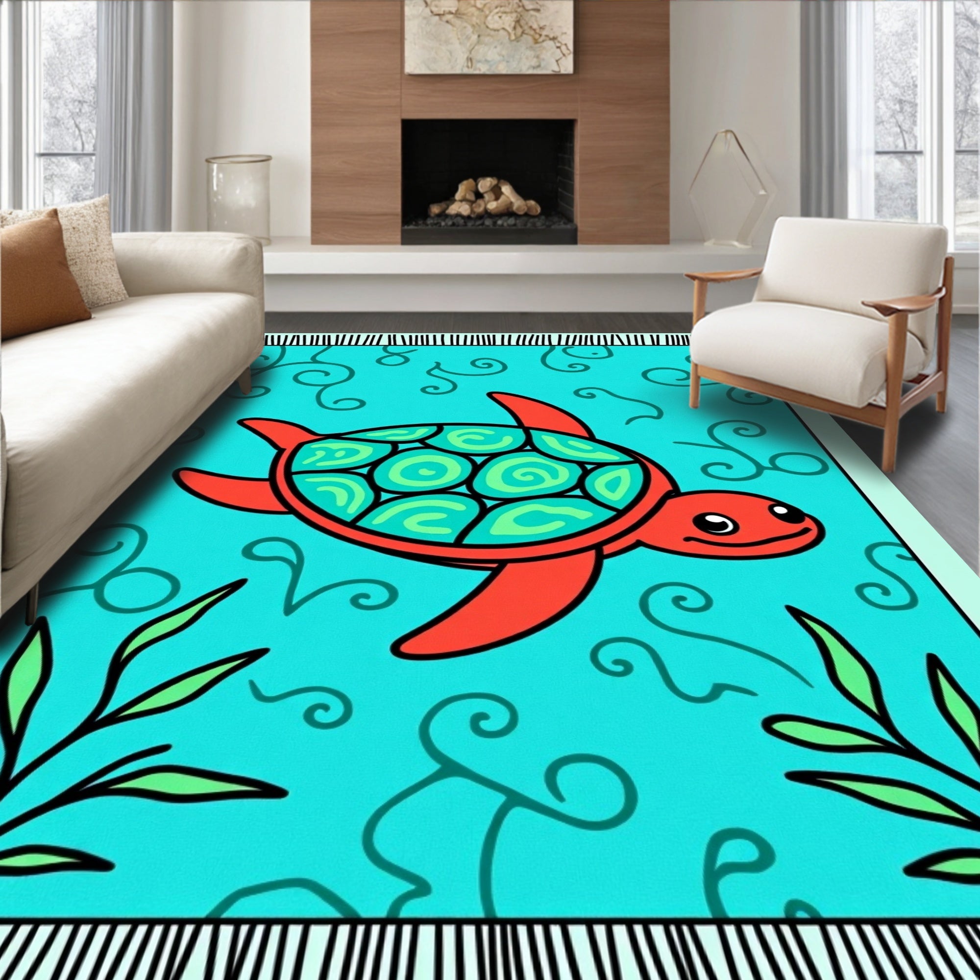 Aqua Sea Turtle Swirls Botanical Rug