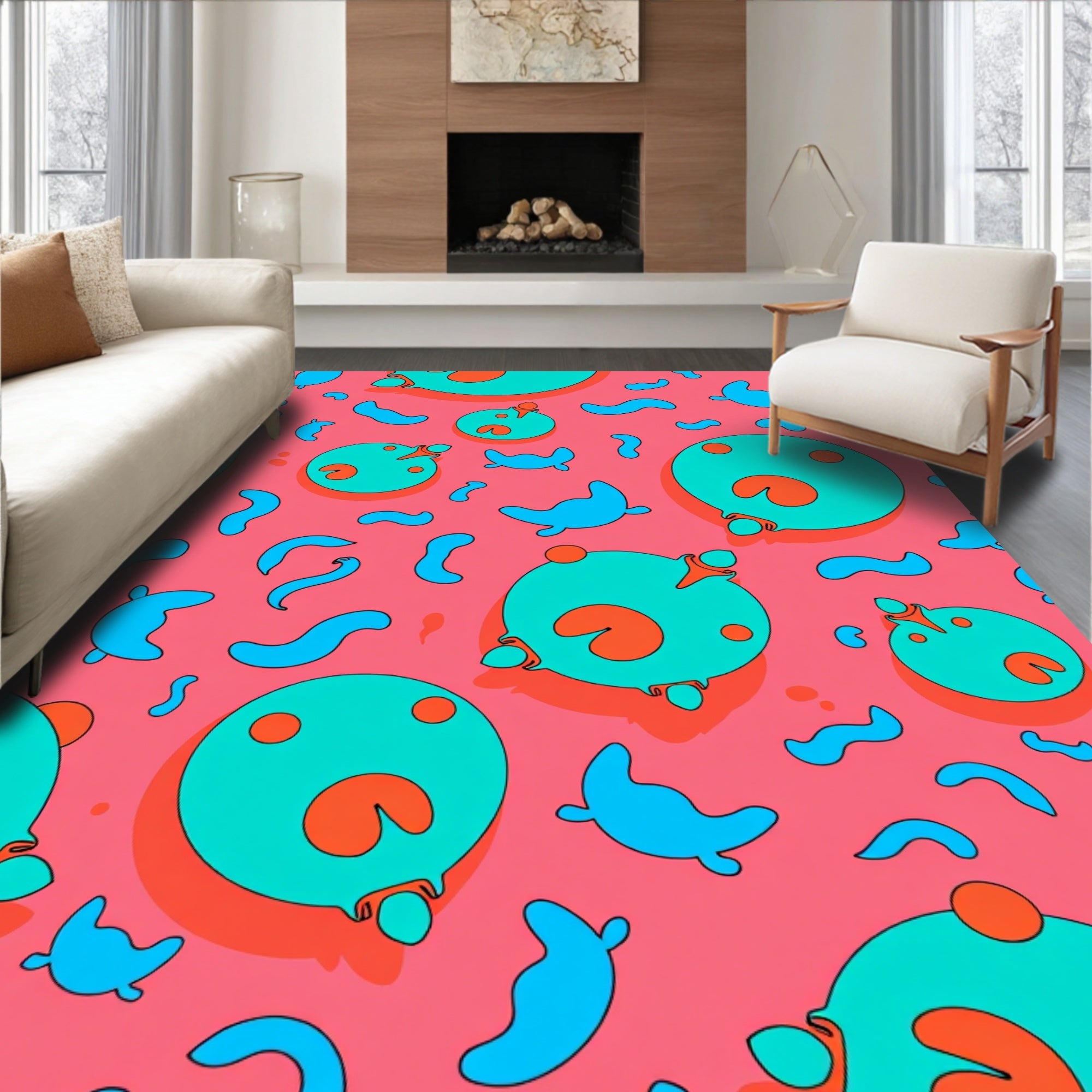 Coral And Teal Round Creatures Rug