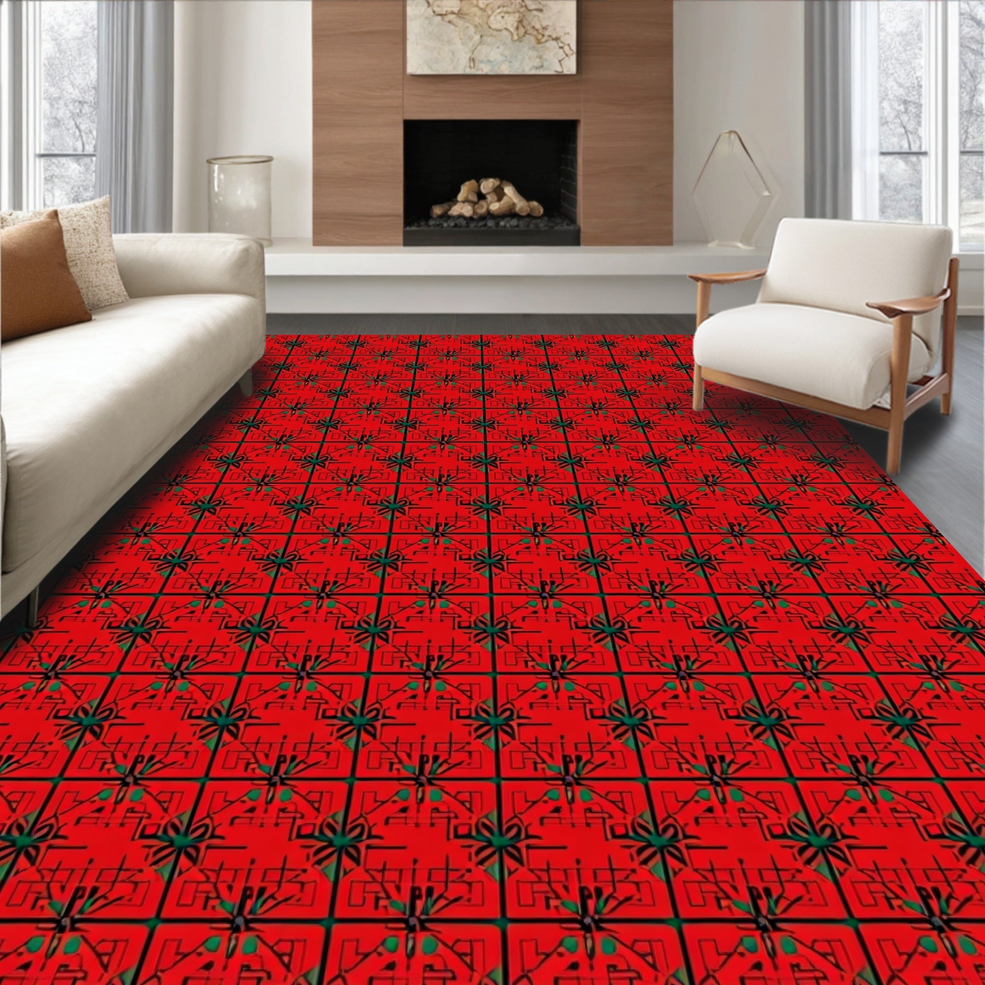 Crimson Lattice Starburst Geometric Rug