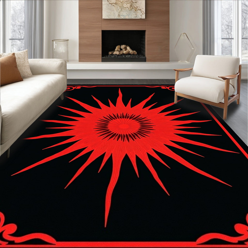 Bold Red Sunburst Scrollwork Rug