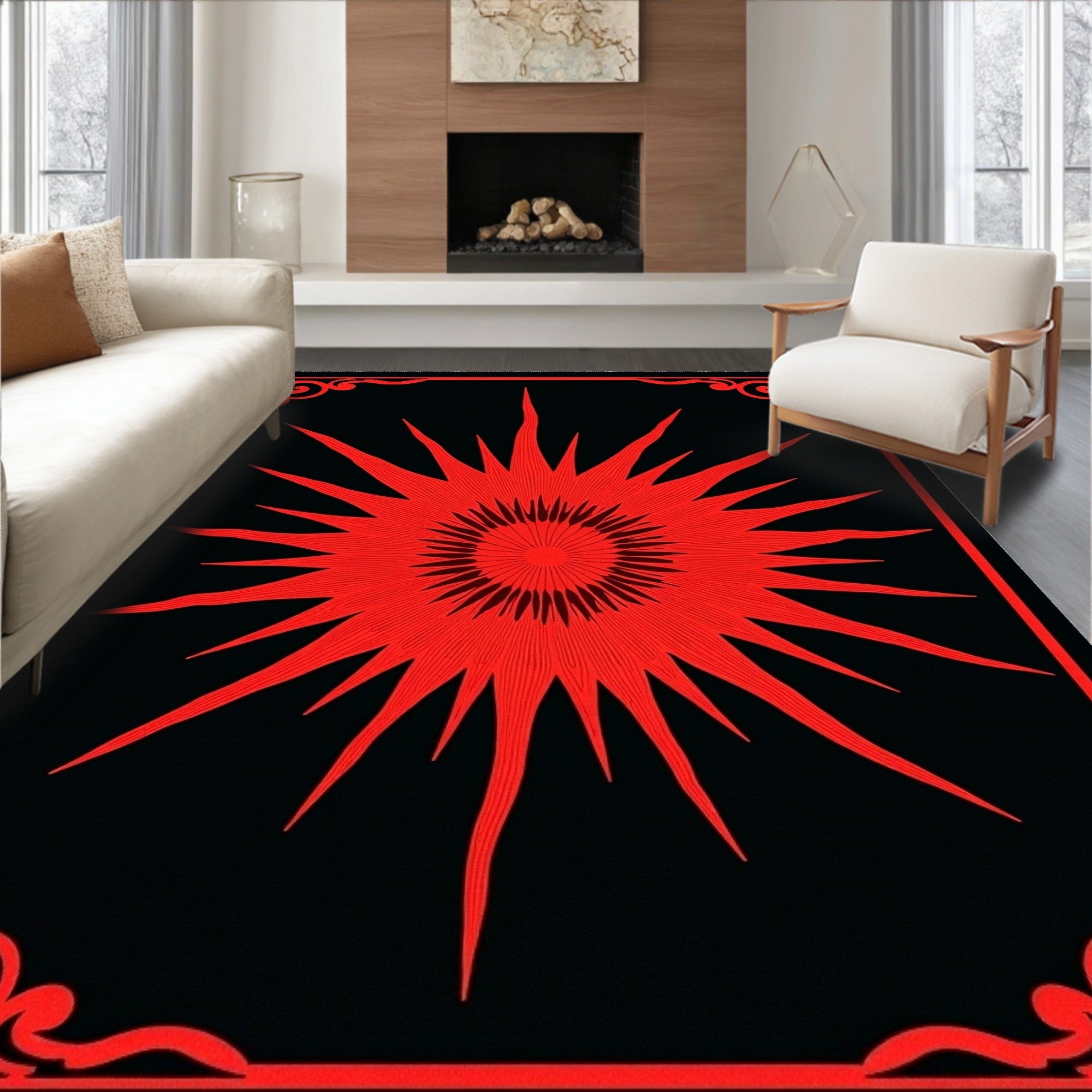 Bold Red Sunburst Scrollwork Rug
