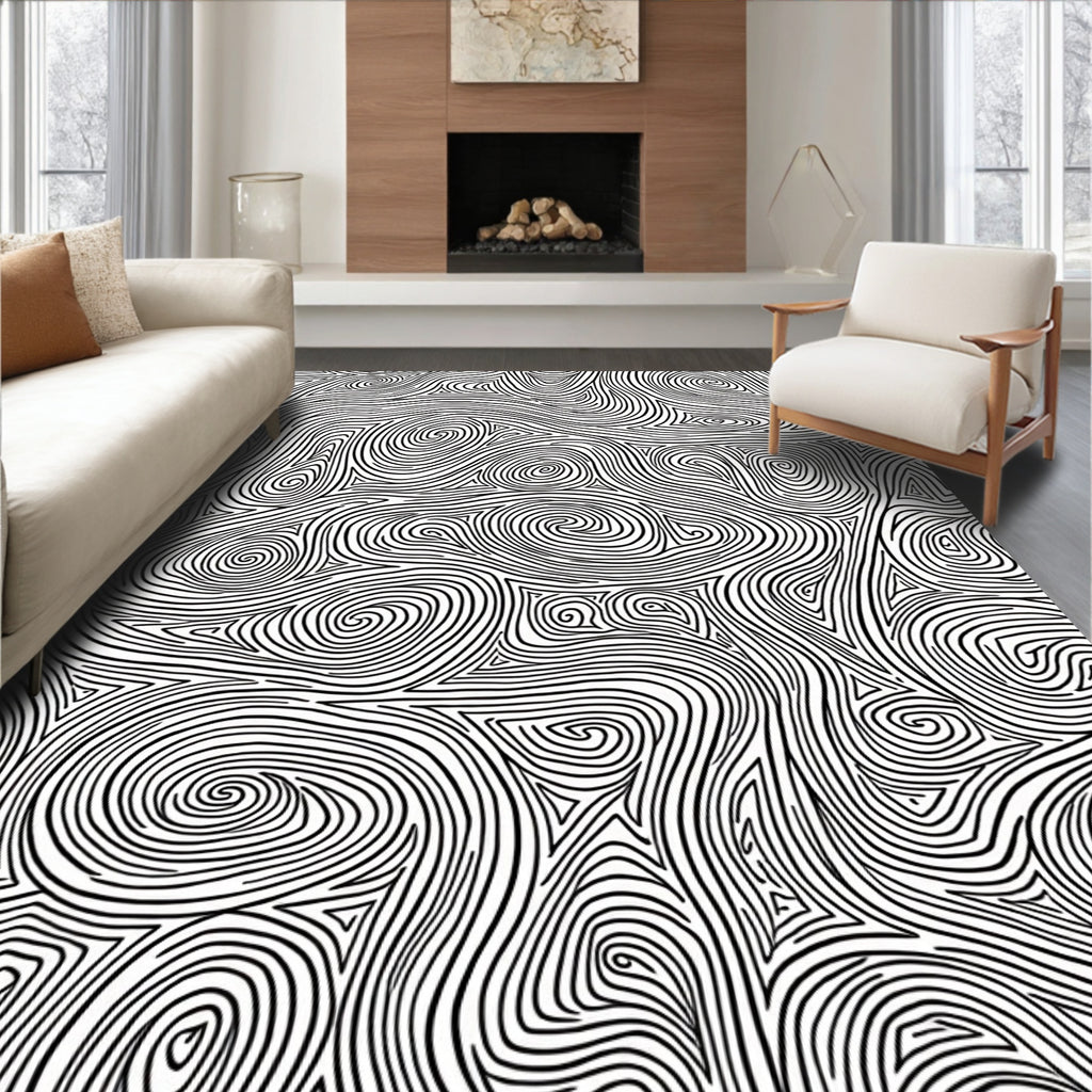 Black and White Swirling Lines Rug