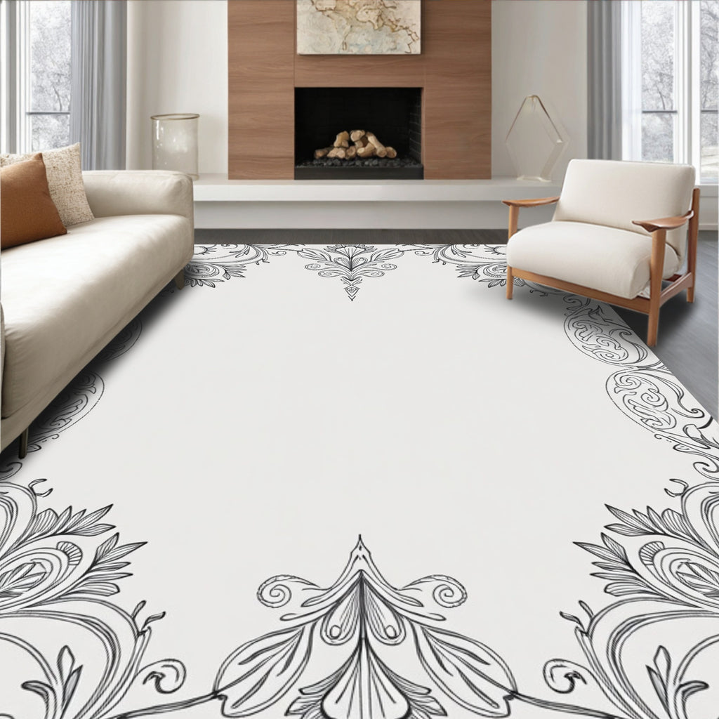 Classic Black Swirling Floral Crest Rug