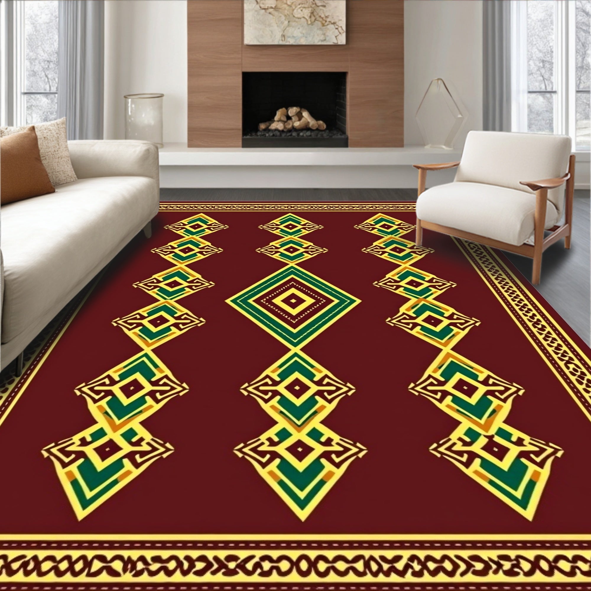 Maroon Emerald Geometric Diamond Medallion Rug