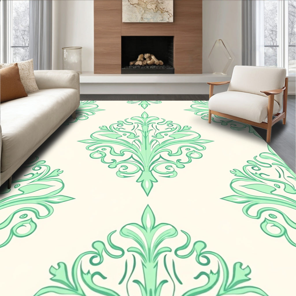 Pastel Green Floral Damask Rug