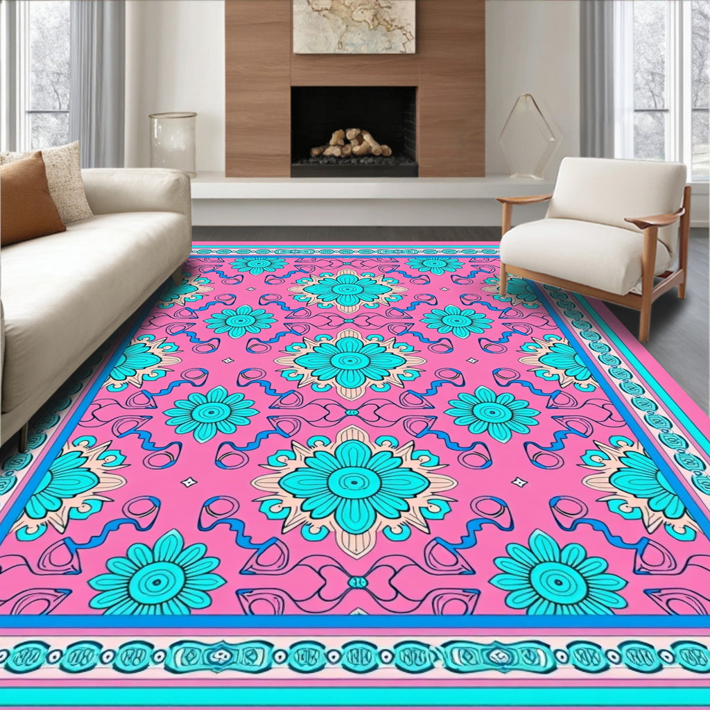 Pink Teal Floral Medallion Border Rug