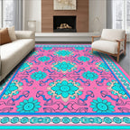 Pink Teal Floral Medallion Border Rug
