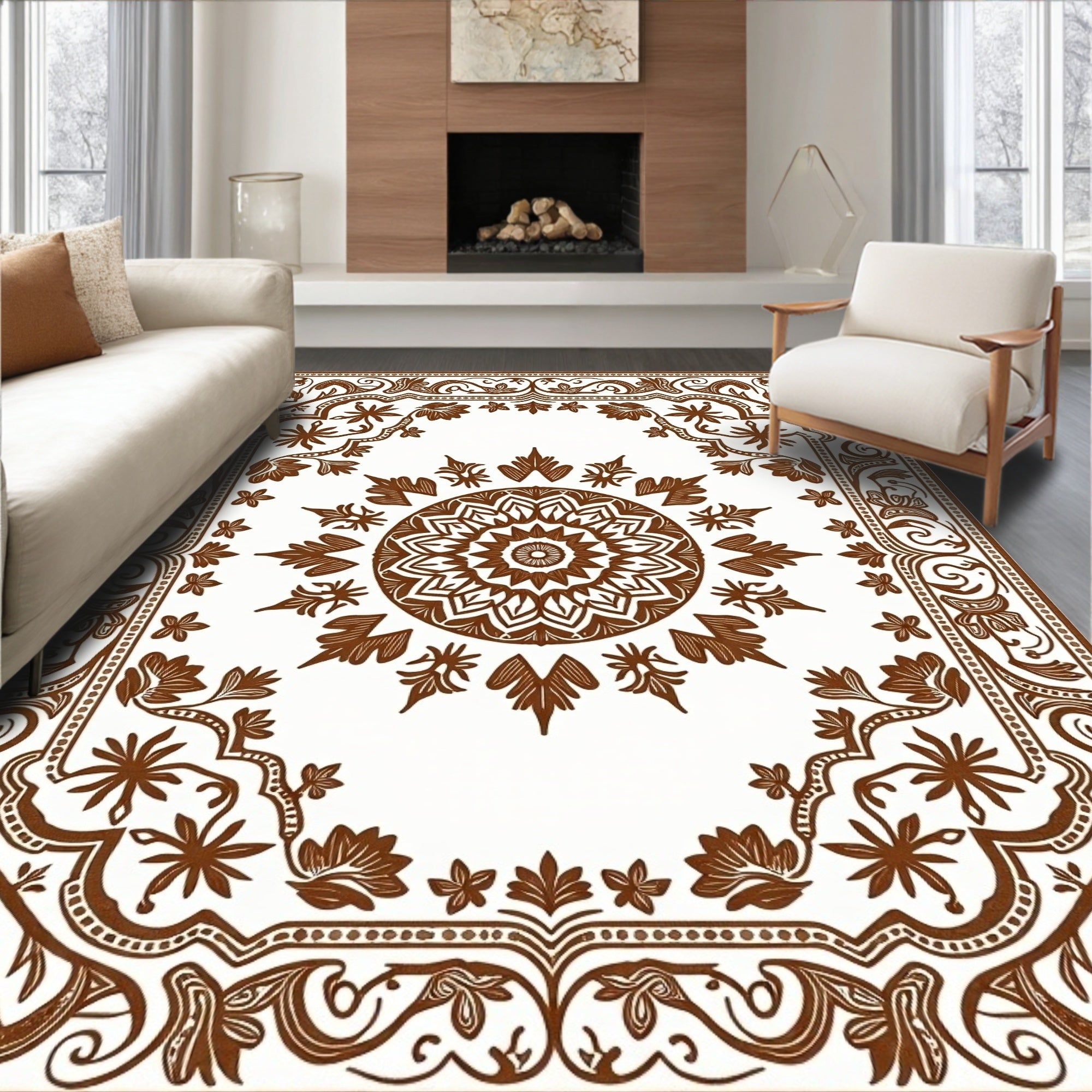 Brown Floral Medallion Border Rug