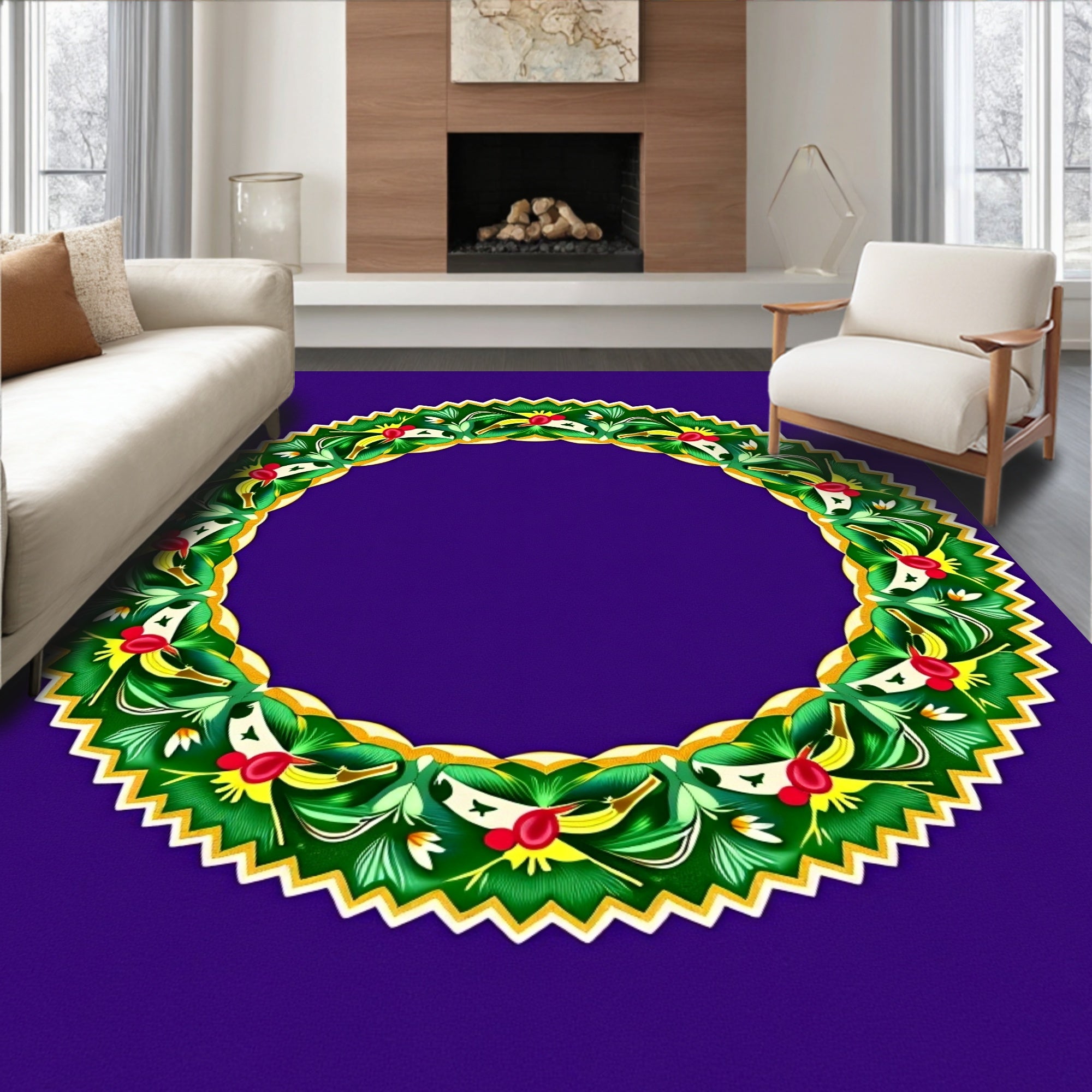 Vibrant Green Floral Wreath Round Rug