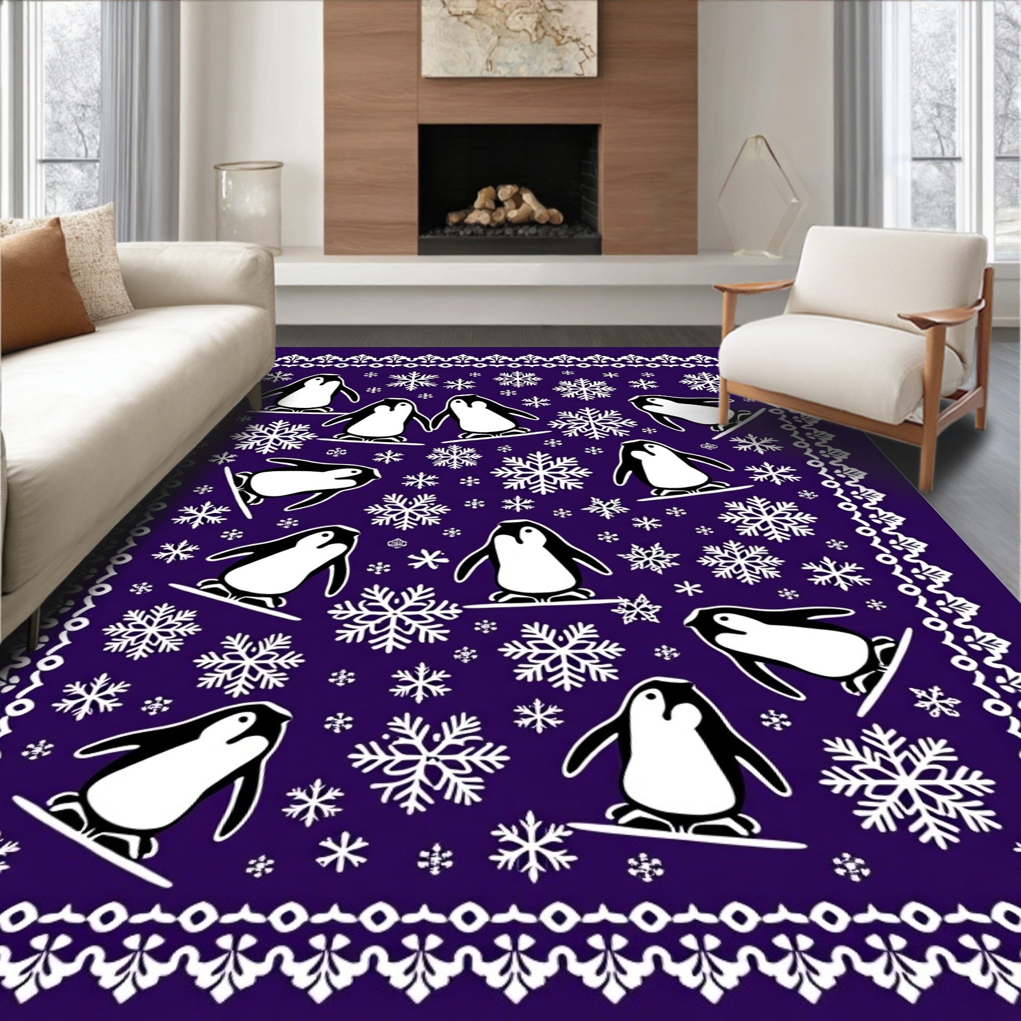 Purple Penguins Snowboarding Snowflake Border Rug