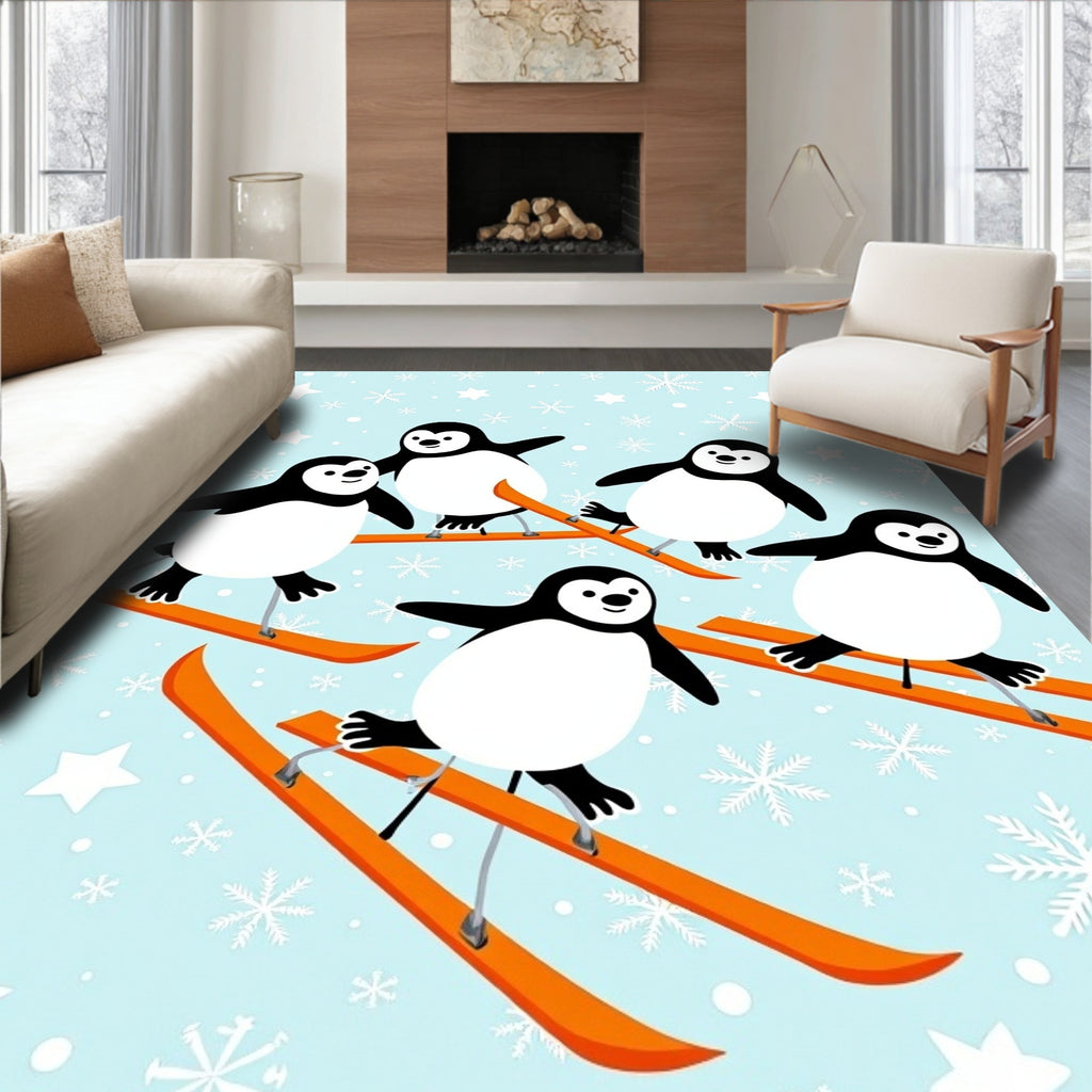 Playful Penguins Skiing Winter Scene Rug