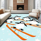 Playful Penguins Skiing Winter Scene Rug