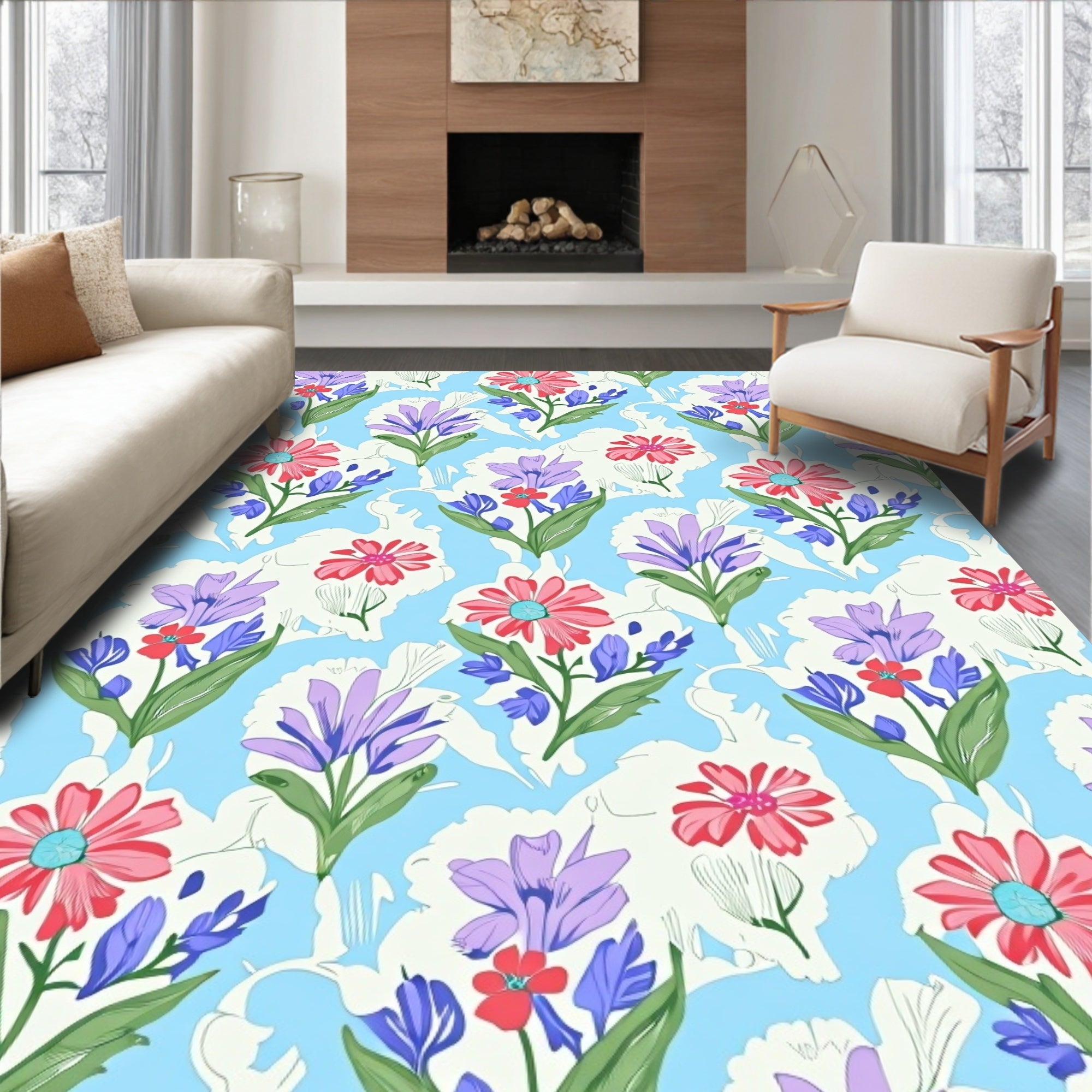 Springtime Floral Meadow Light Blue Rug