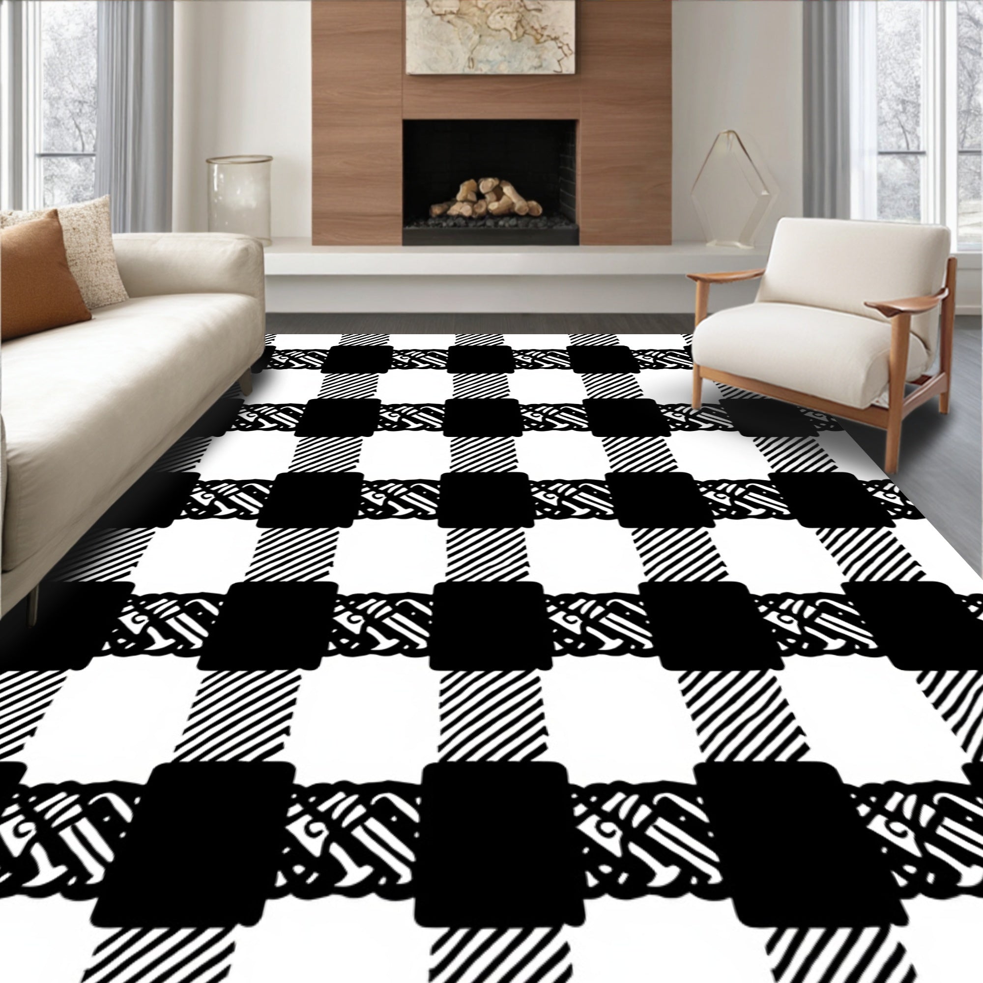 Black White Gingham Interlocking Squares Rug