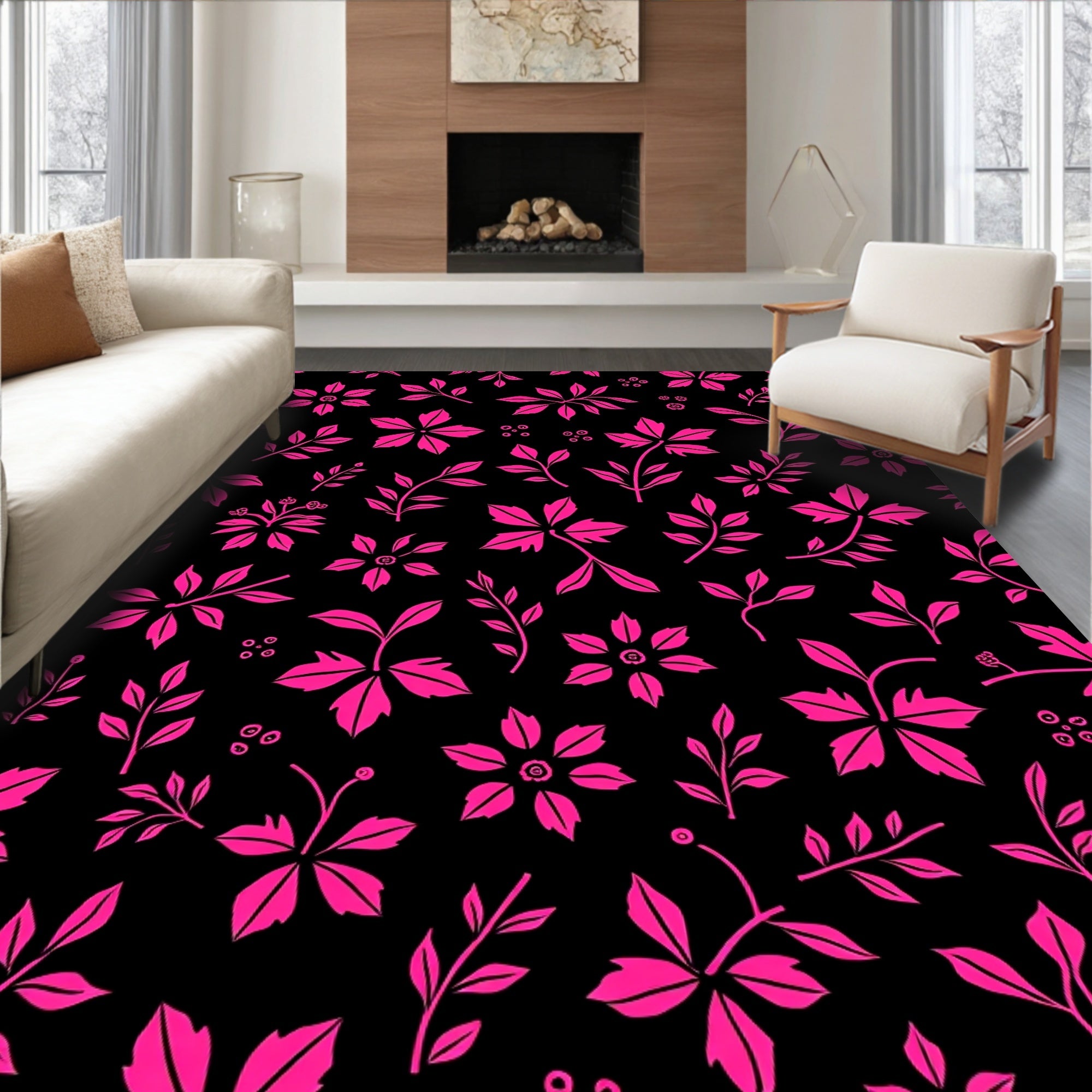 Vibrant Pink Floral Branch Collage Rug