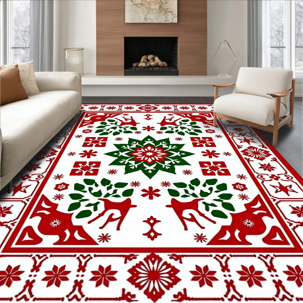 Rustic Red Green Reindeer Star Motif Rug