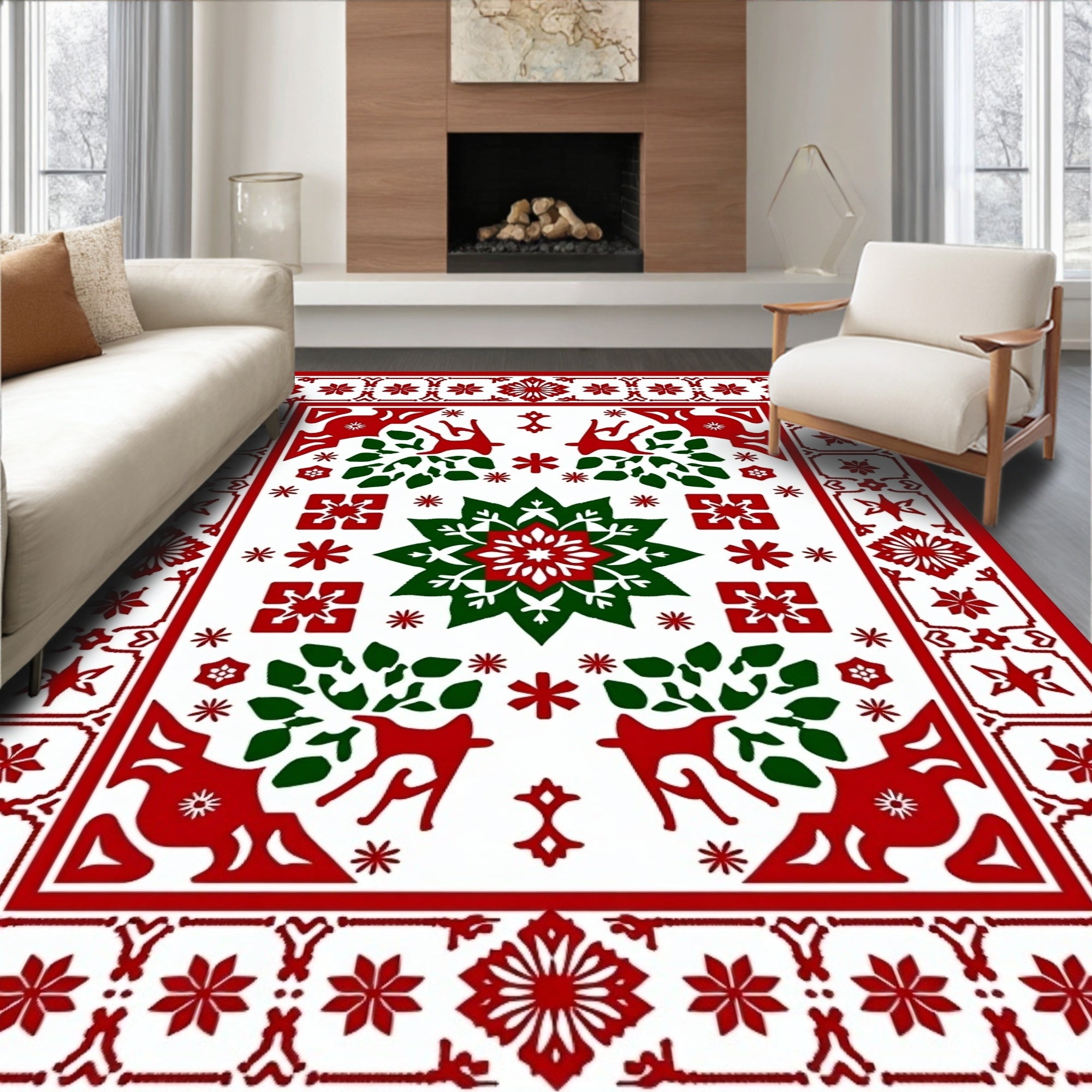 Rustic Red Green Reindeer Star Motif Rug