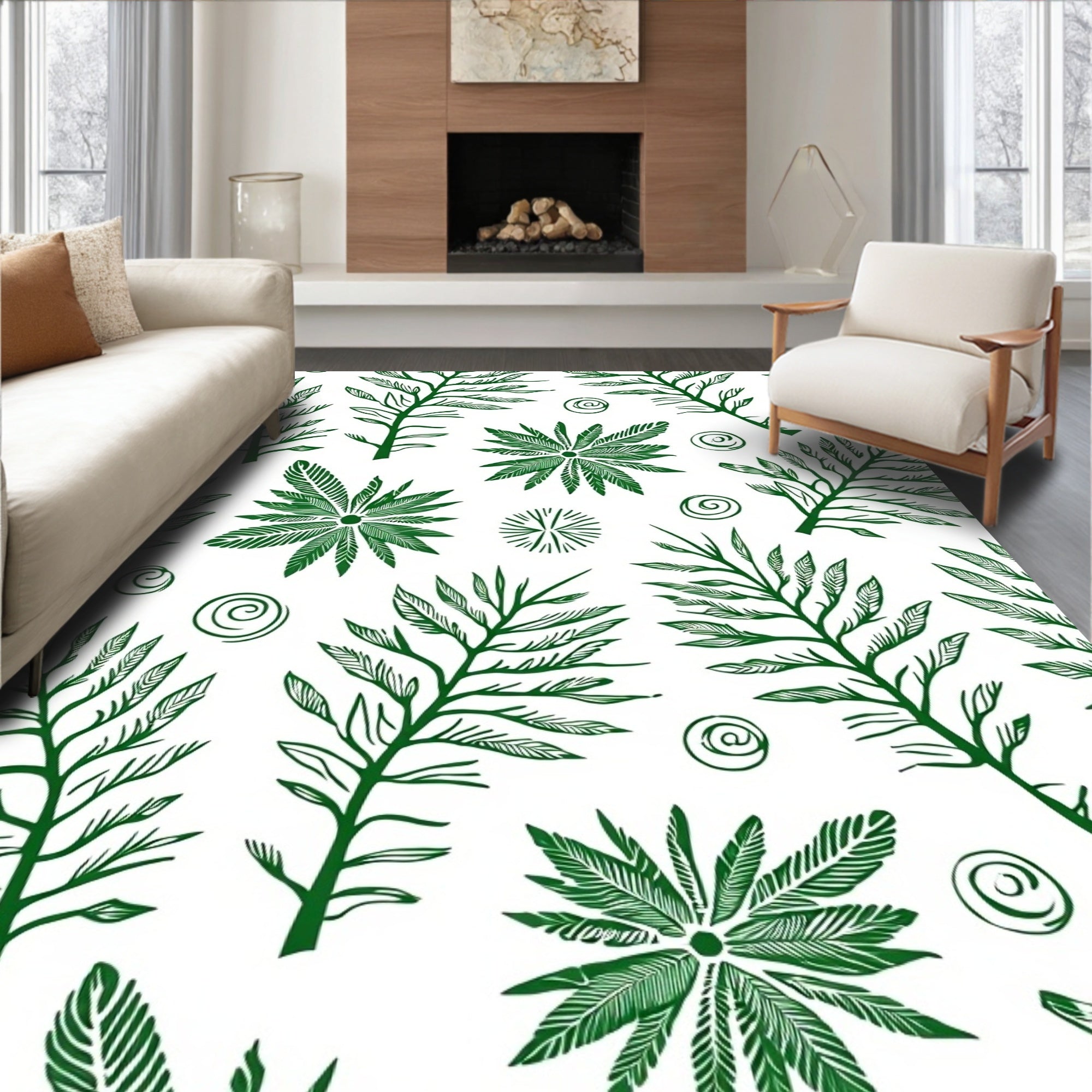 Green Foliage Botanical Swirl Rug