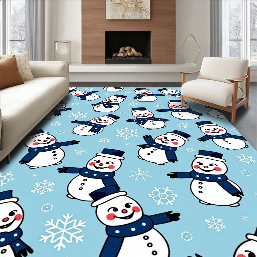 Whimsical Snowman Blue Christmas Snowflakes Rug