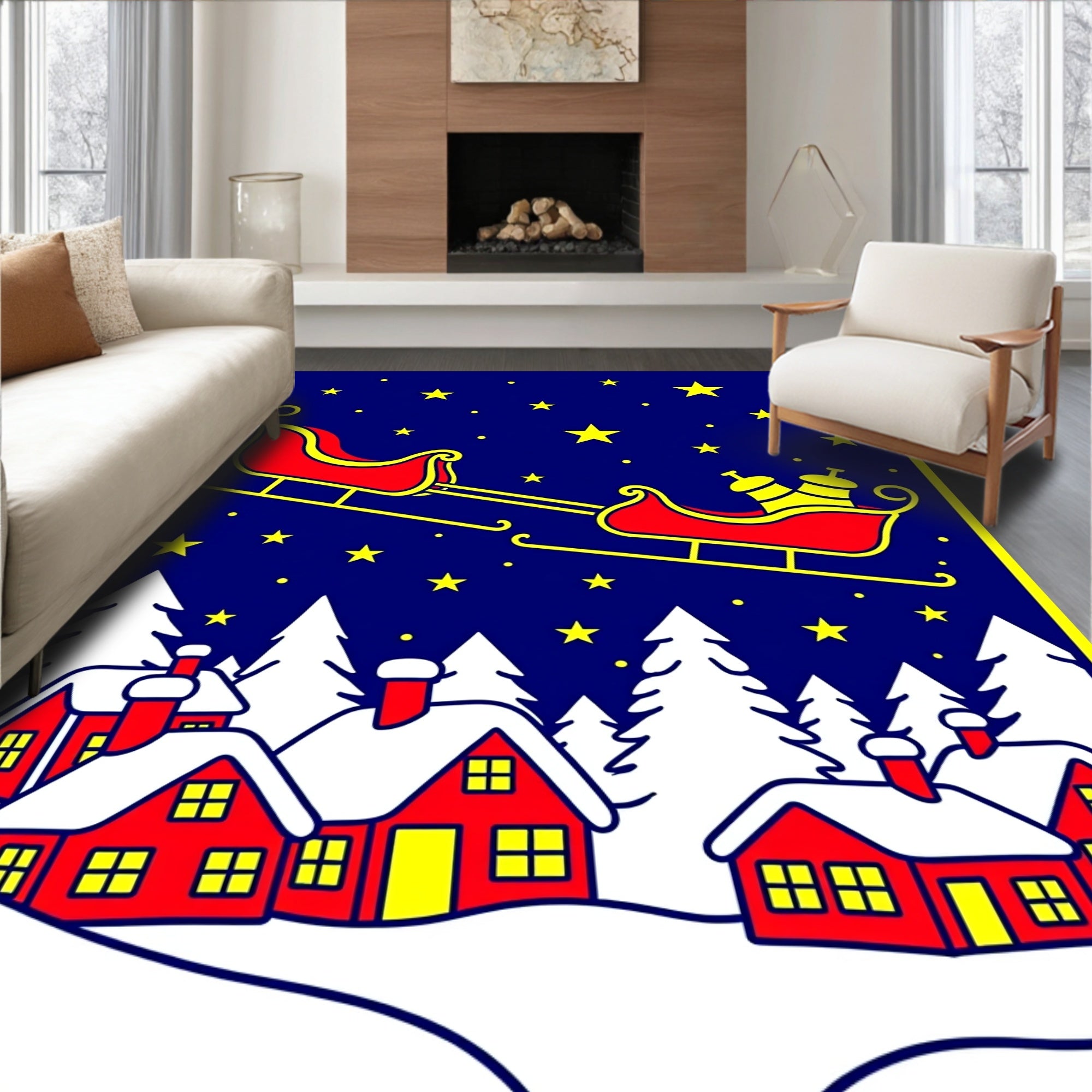 Christmas Sleigh Red Houses Starry Night Rug