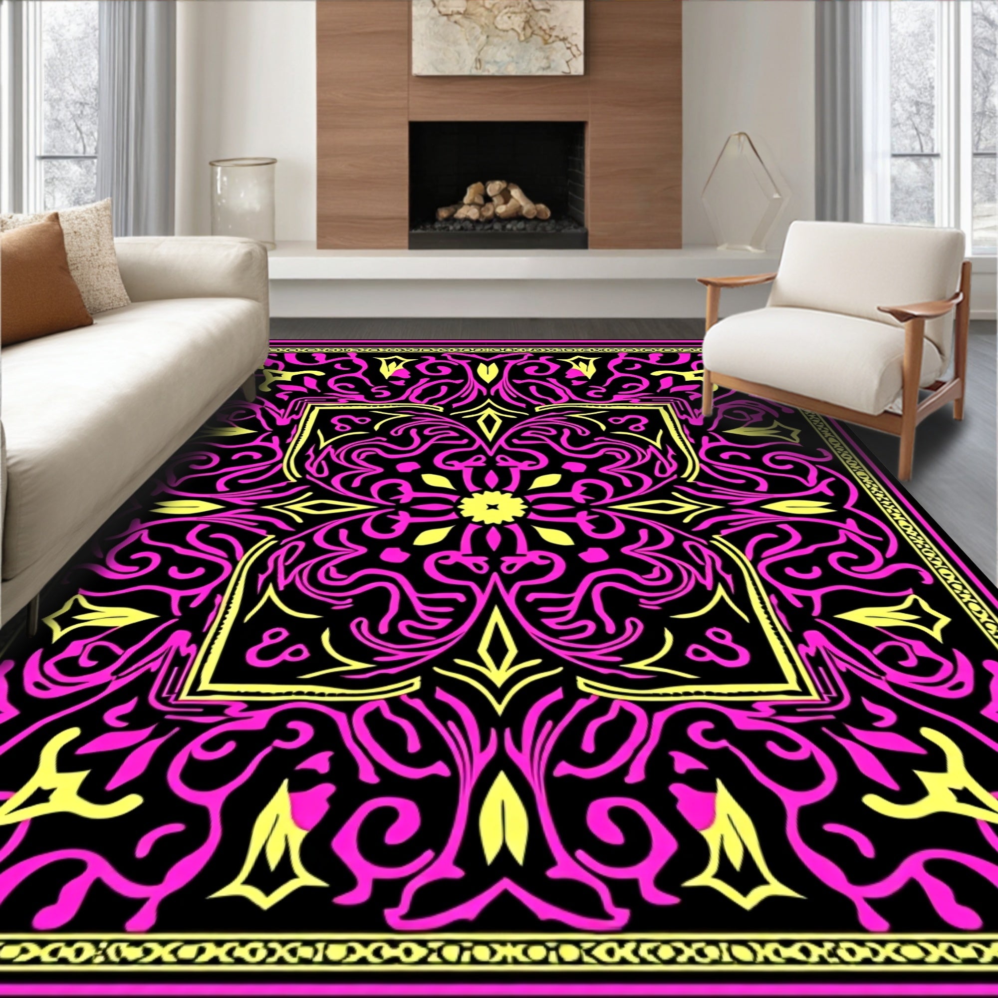 Vibrant Pink Yellow Floral Square Rug
