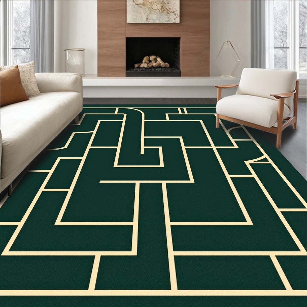 Modern Geometric Labyrinth Green Rug
