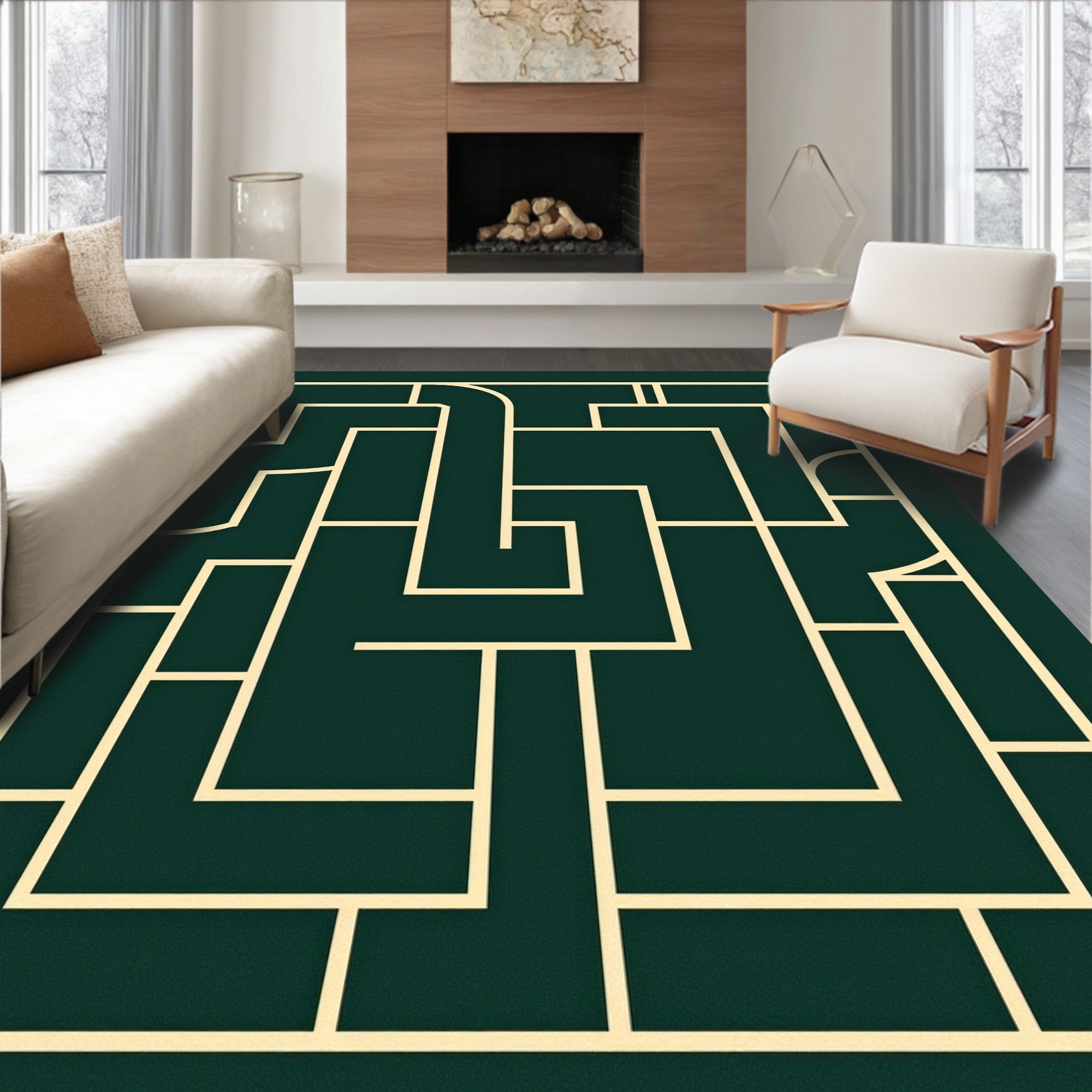 Modern Geometric Labyrinth Green Rug