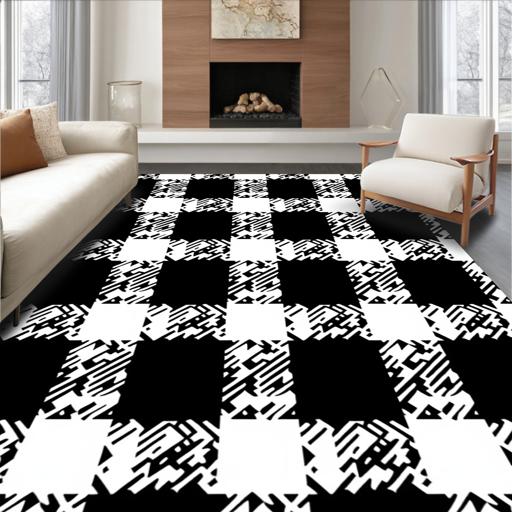 Black and White Glitched Plaid Checks Rug
