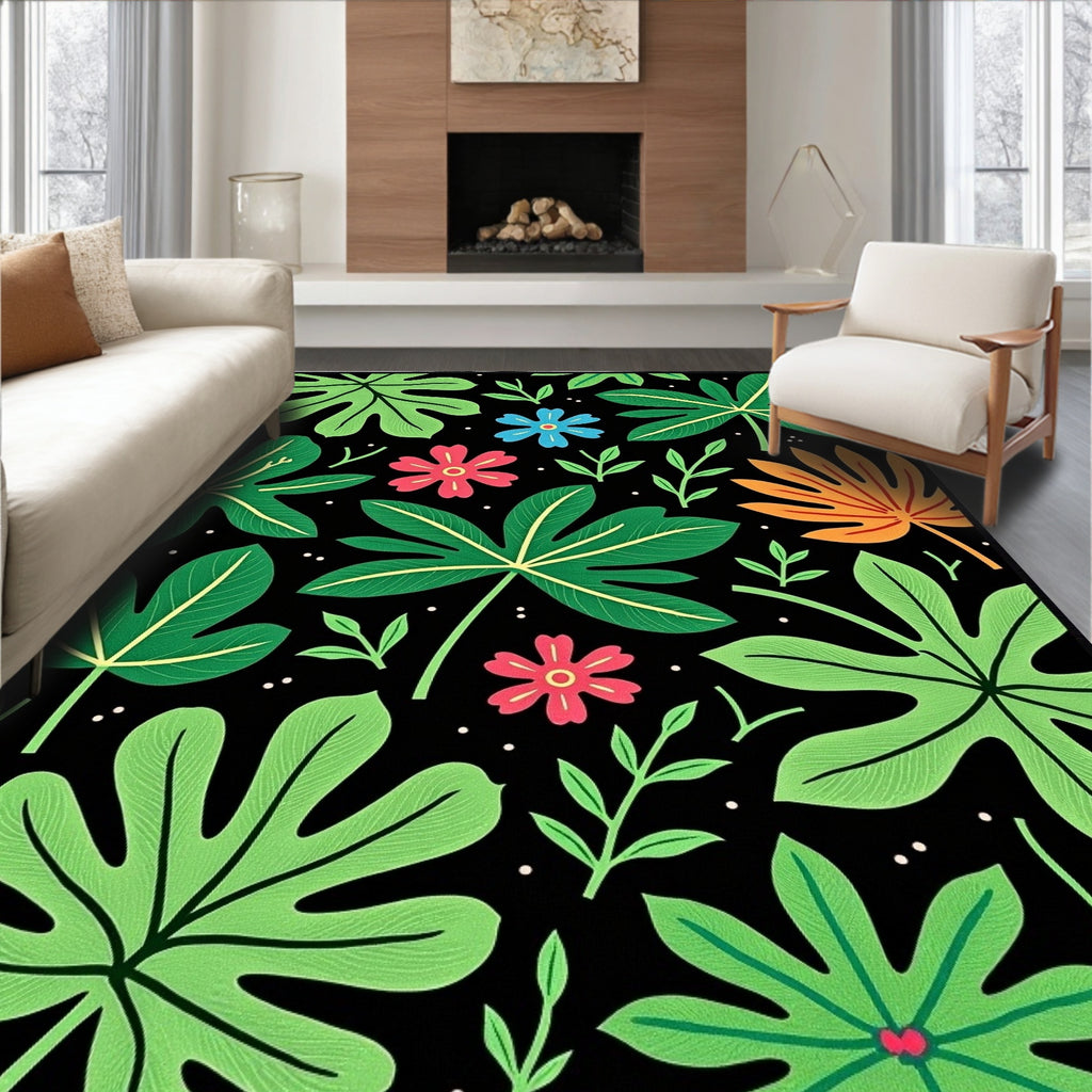Tropical Jungle Leaf and Flower Array Rug