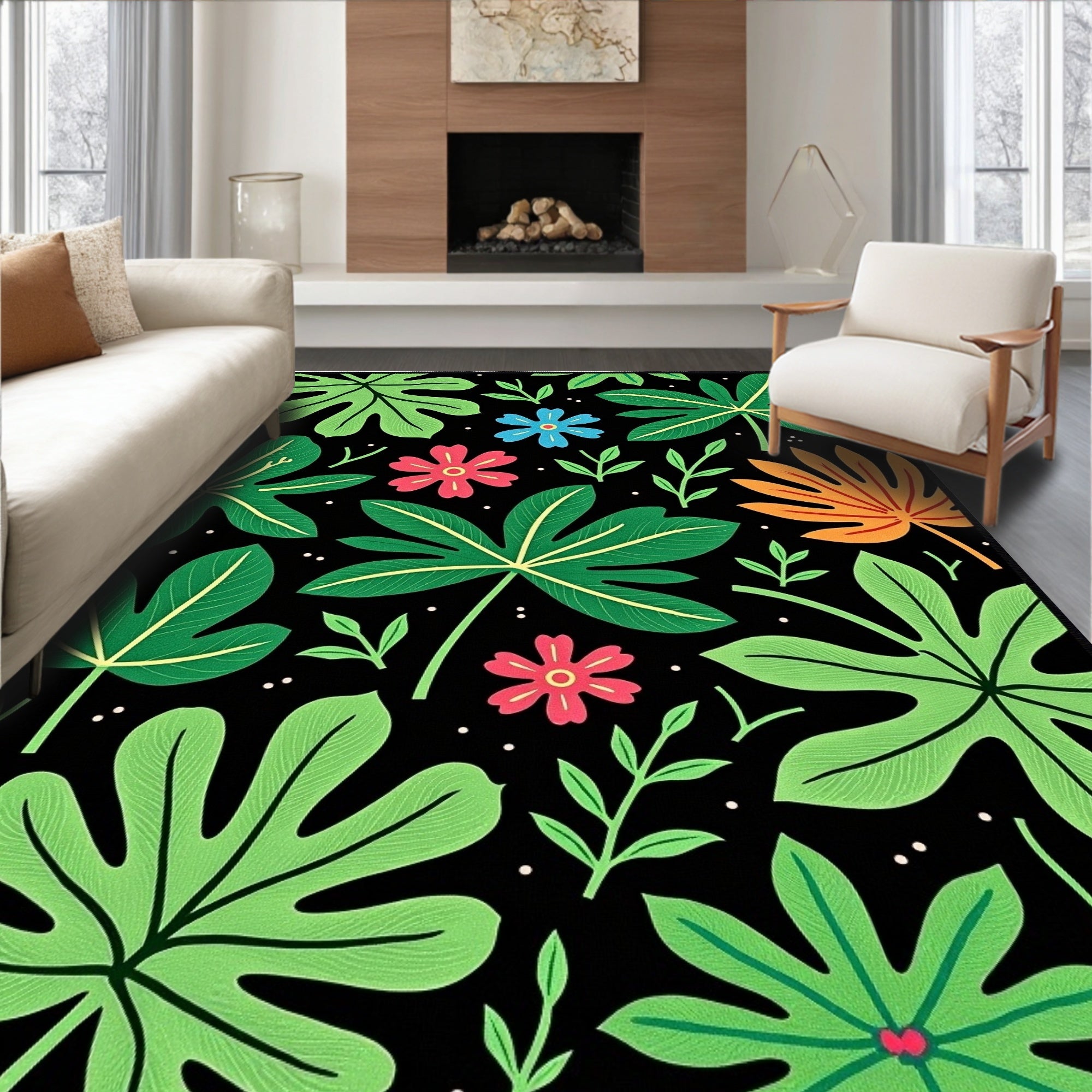 Tropical Jungle Leaf and Flower Array Rug