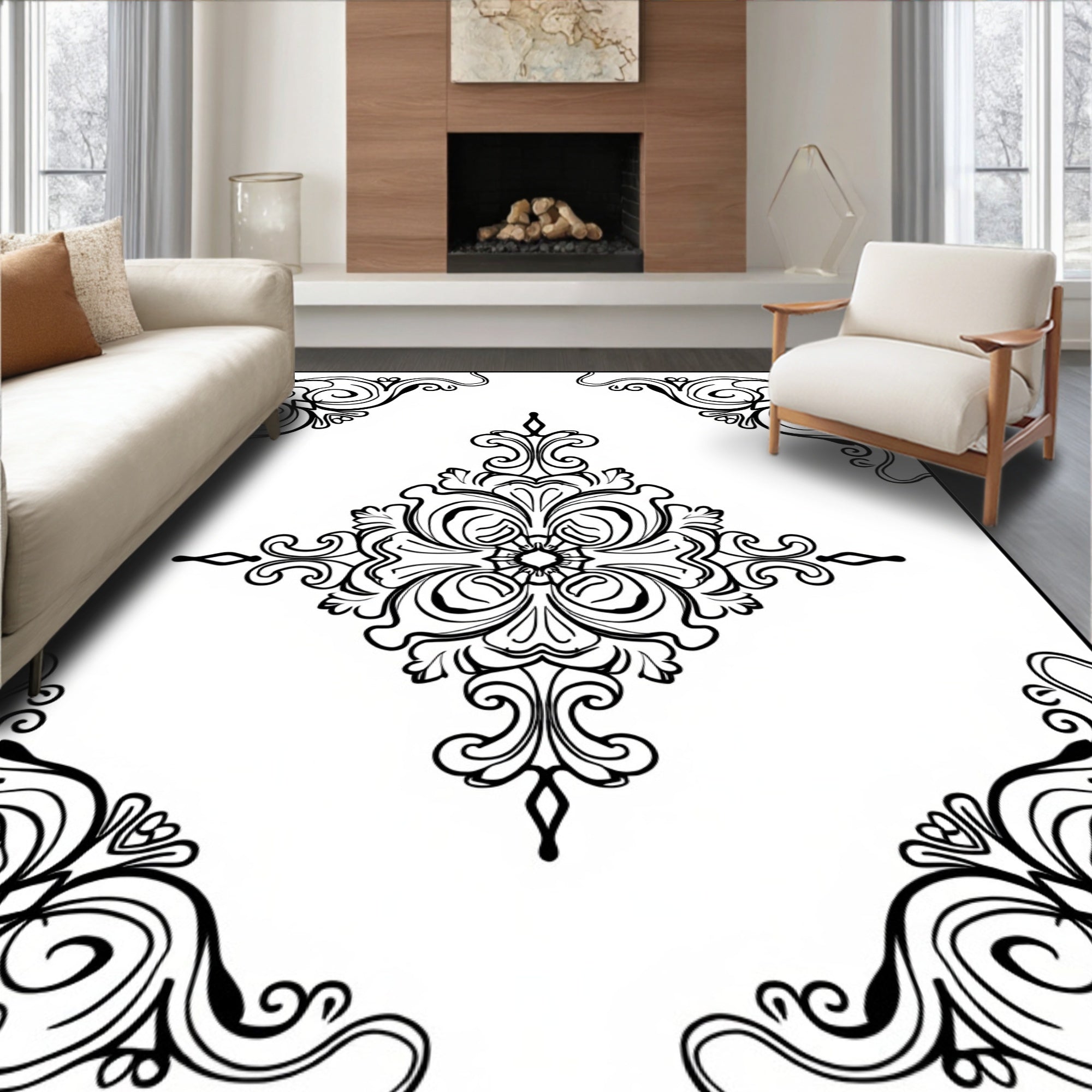 Ornate Black Scrollwork Quatrefoil Rug