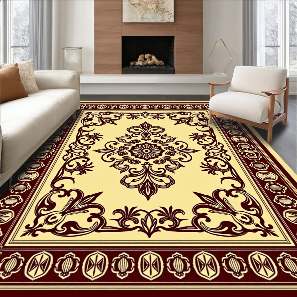 Rich Burgundy Floral Medallion Cream Rug
