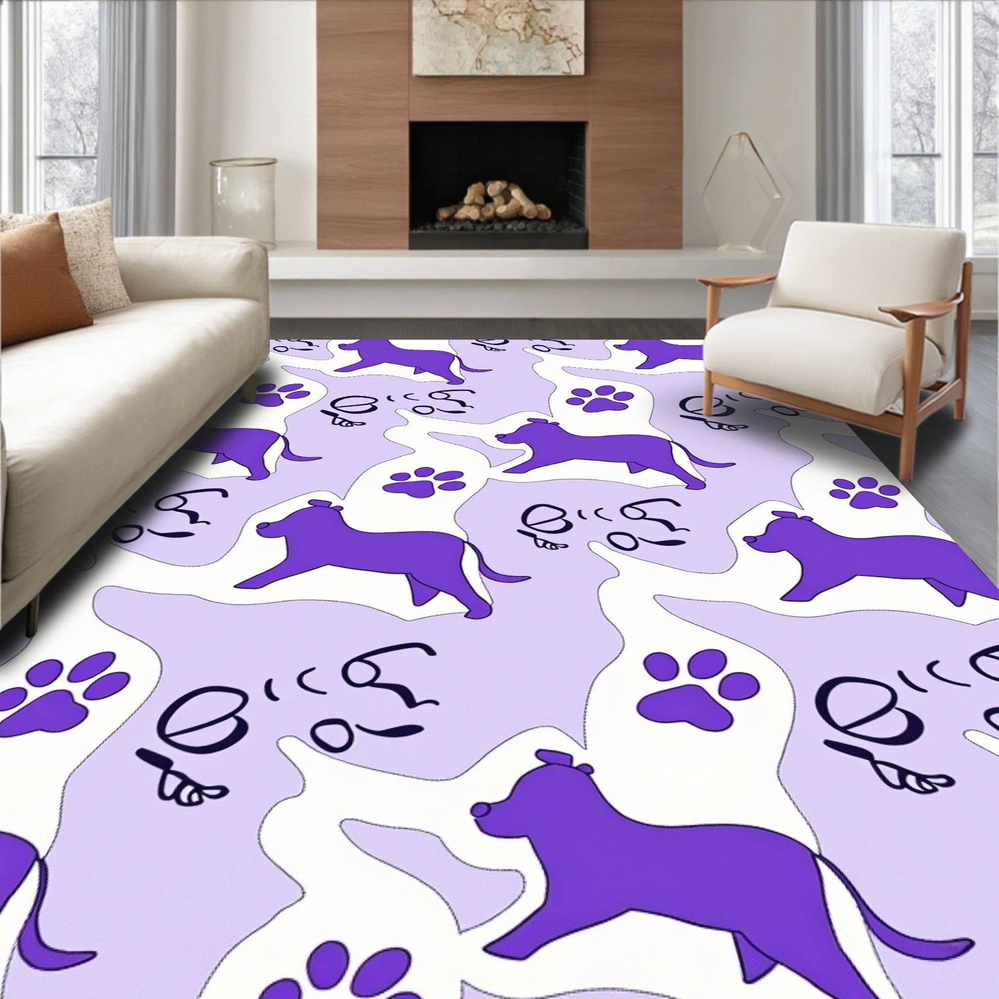 Purple Dog Paw Print Whimsical Landscape Rug
