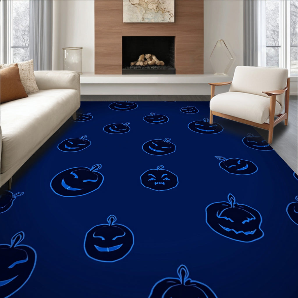 Dark Blue Glowing Jack-o-lantern Faces Rug
