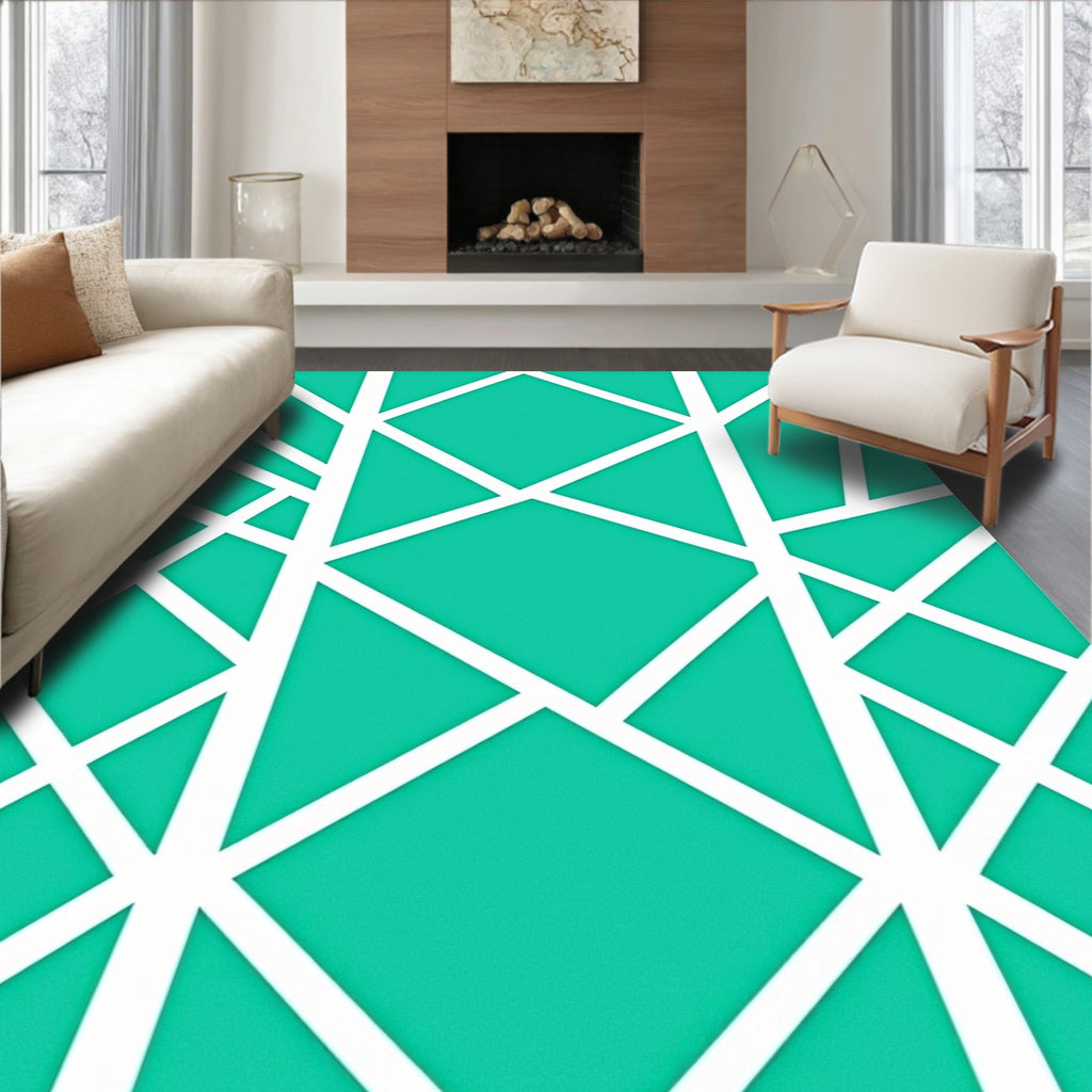 Bright Teal White Geometric Overlay Rug