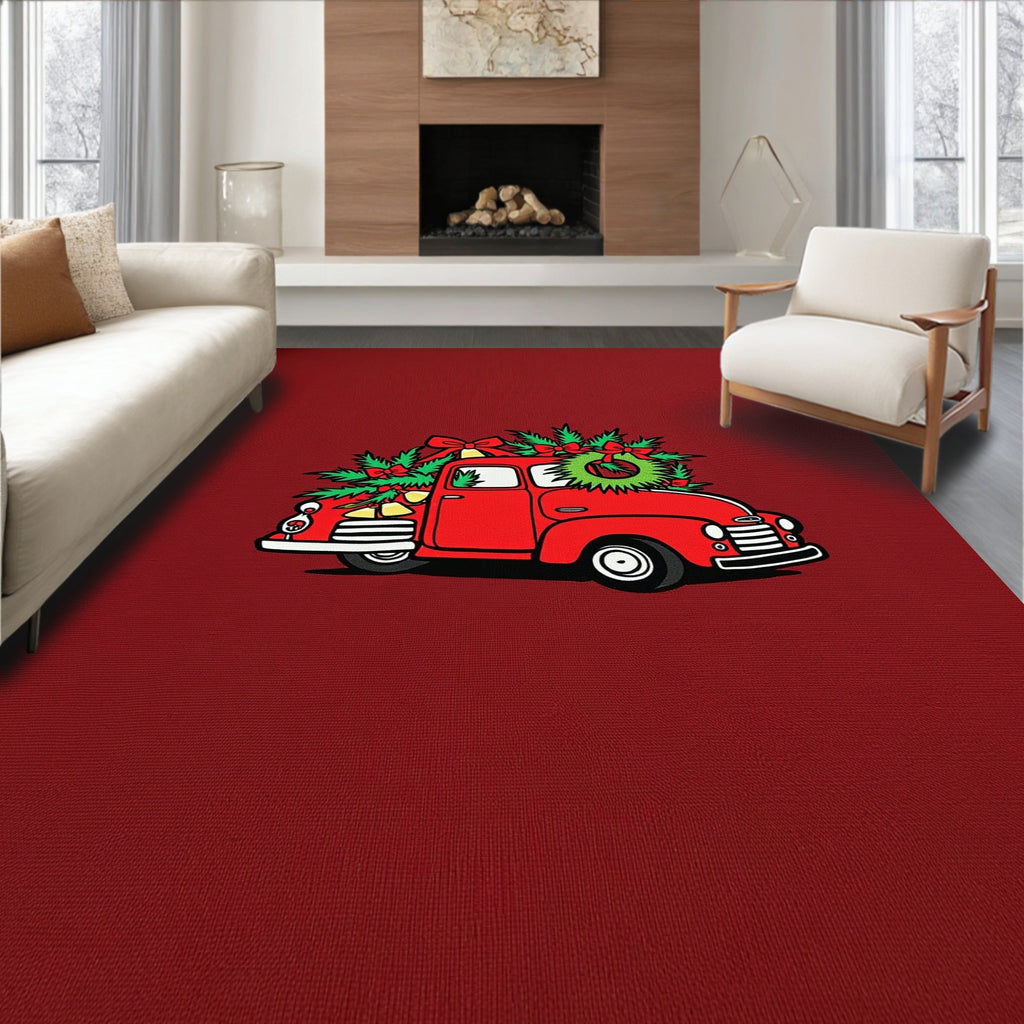 Festive Red Christmas Truck Wreath Accents Rug