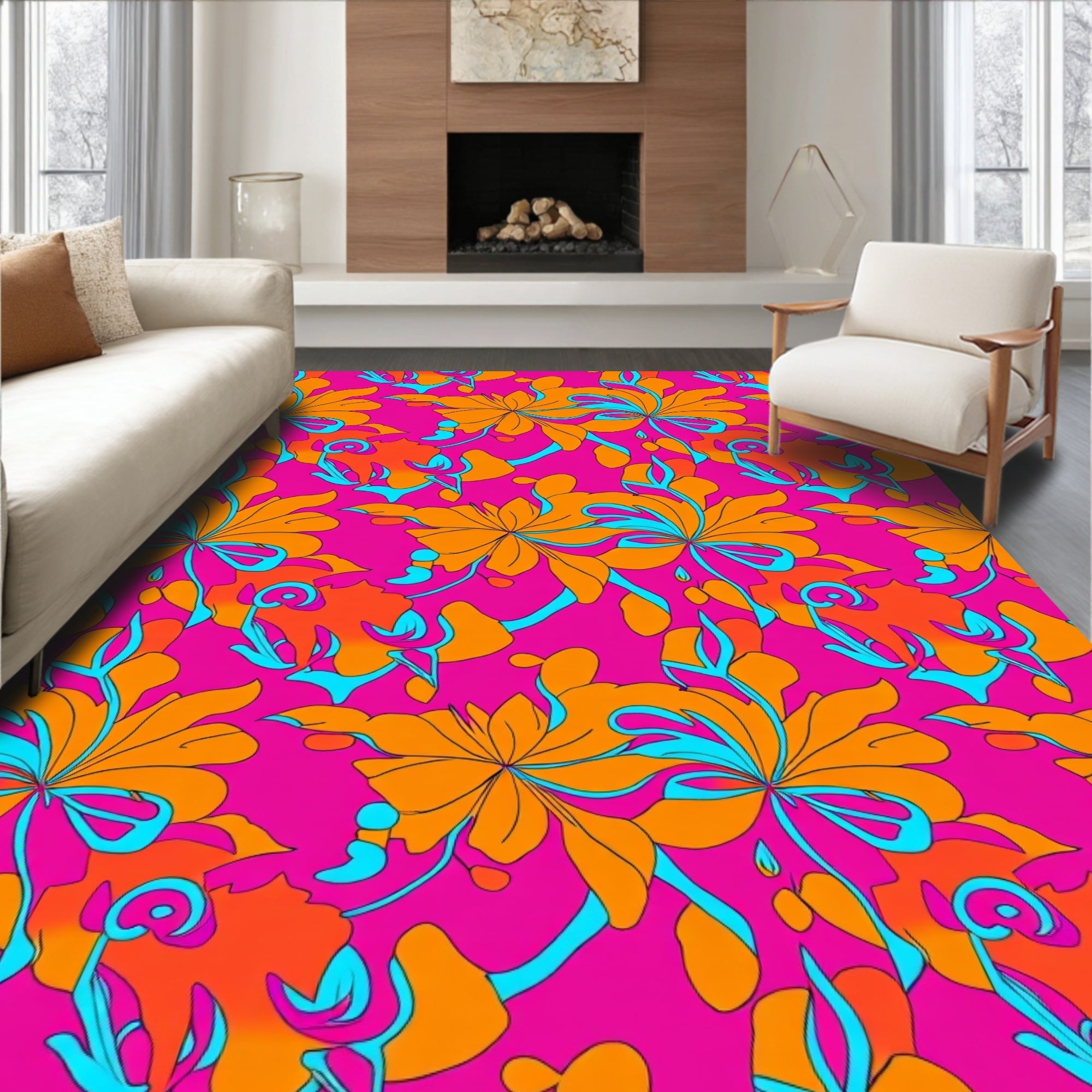 Vibrant Orange Floral Swirls Rug