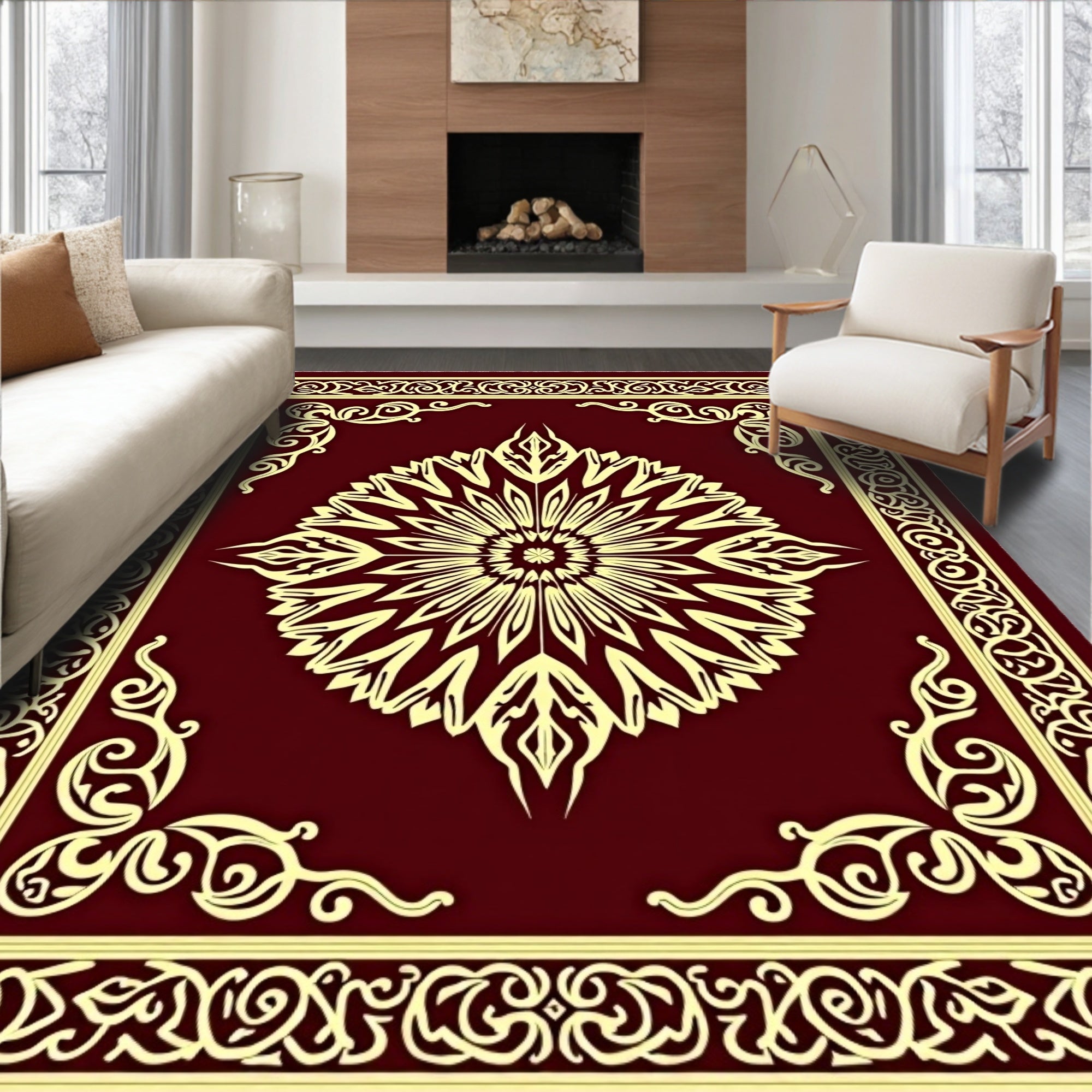 Crimson Golden Floral Medallion Border Rug