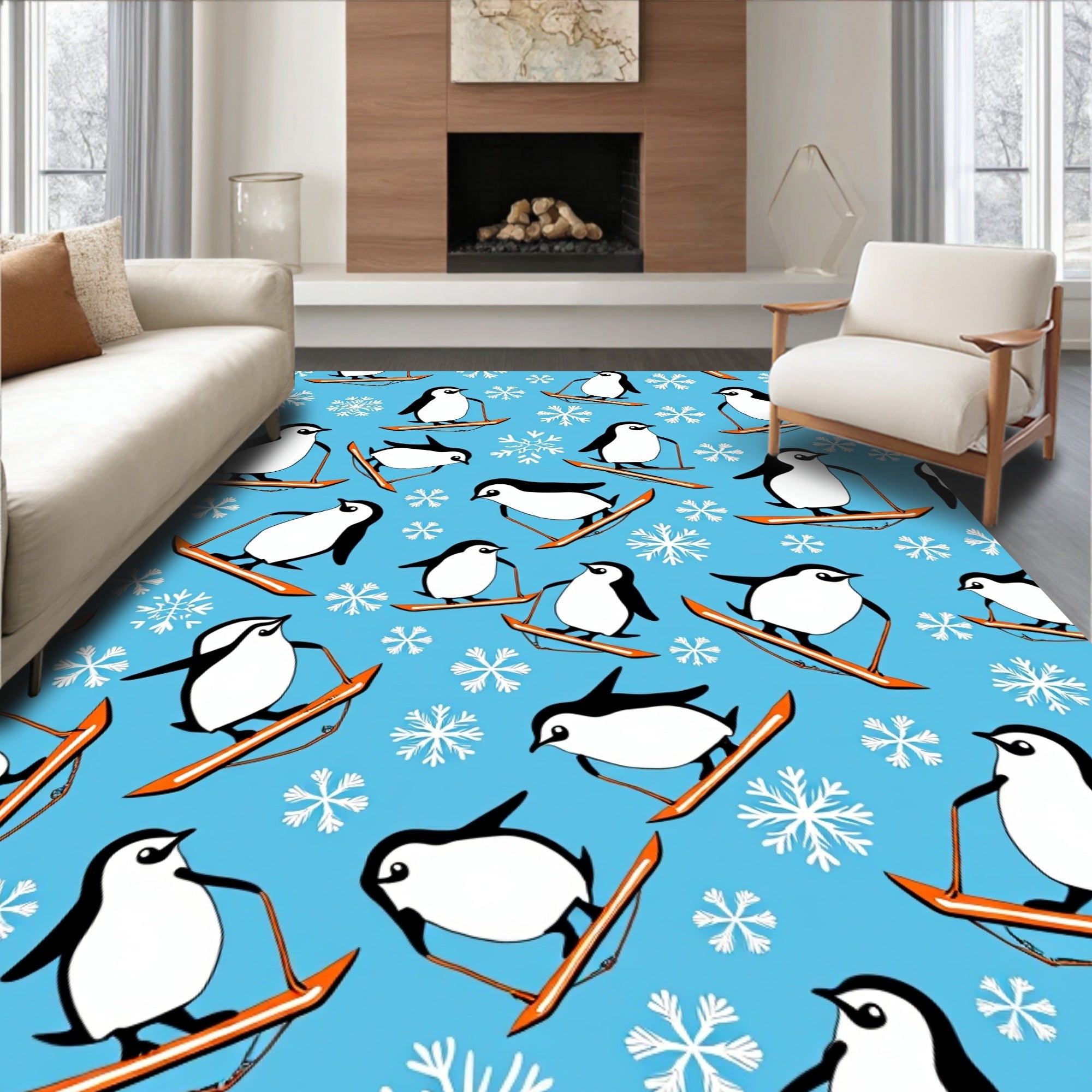 Whimsical Penguin Snowboarding Scene Rug