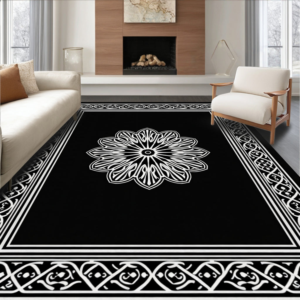 Black White Floral Medallion Border Rug
