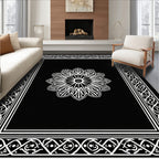 Black White Floral Medallion Border Rug