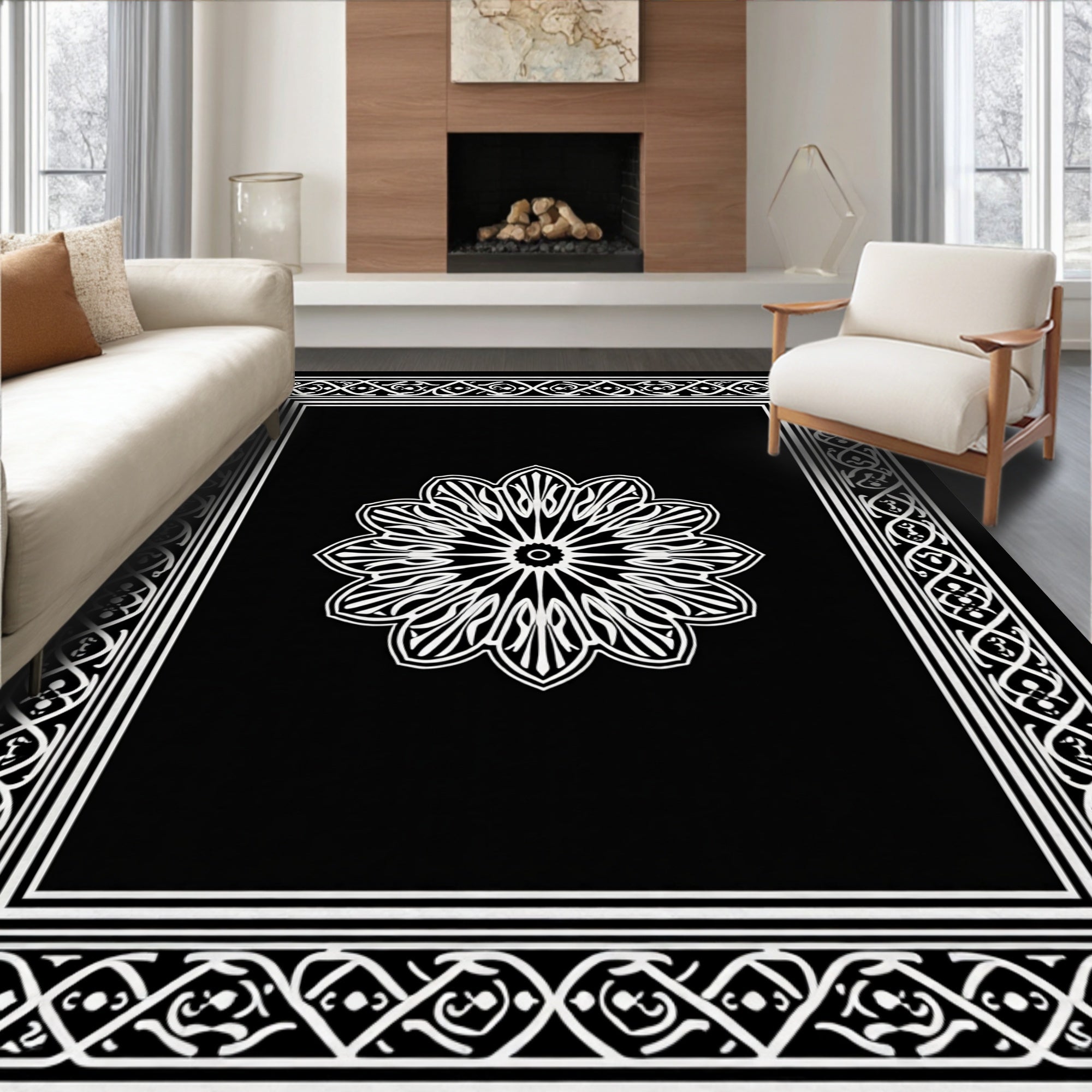 Black White Floral Medallion Border Rug