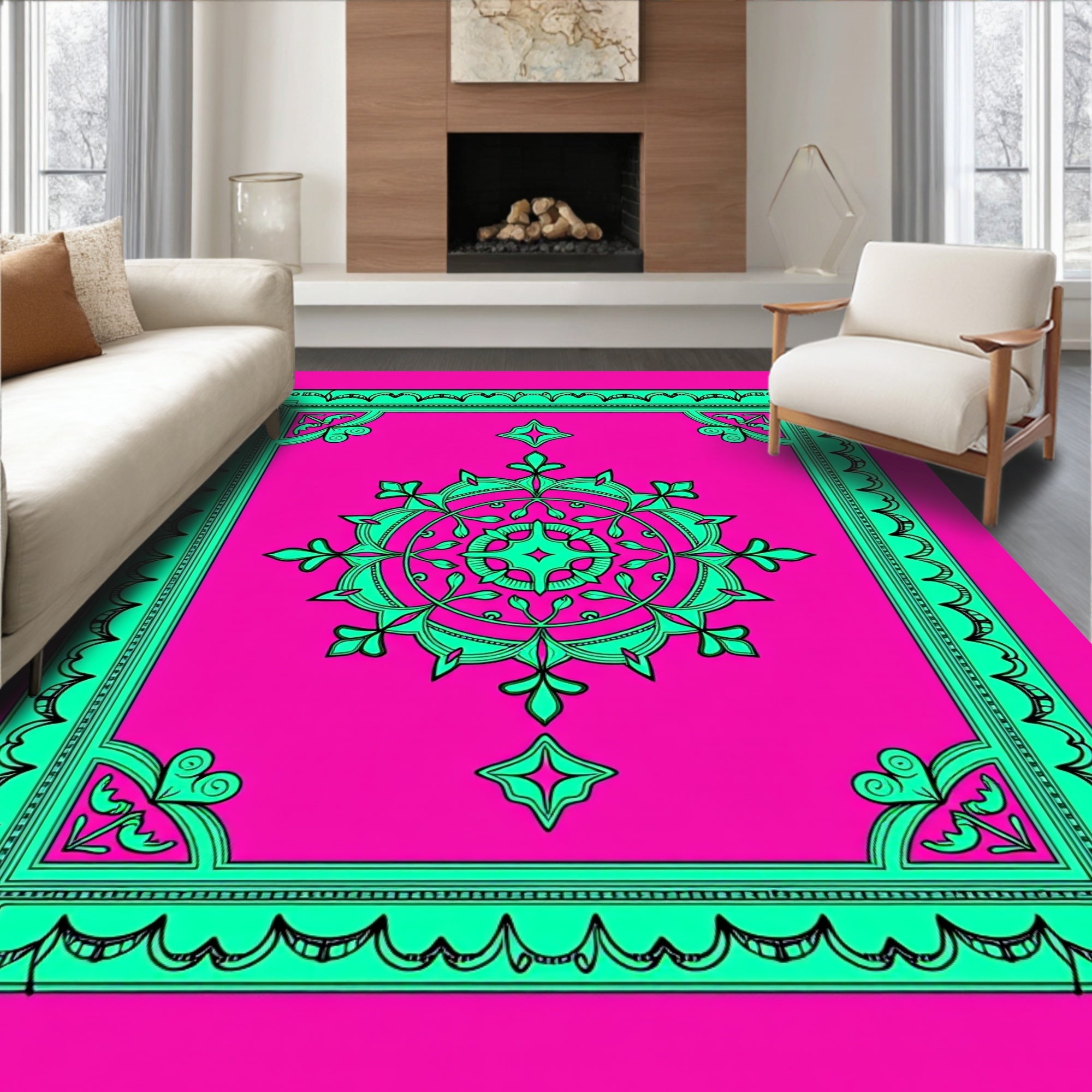 Vibrant Pink Teal Medallion Frame Rug