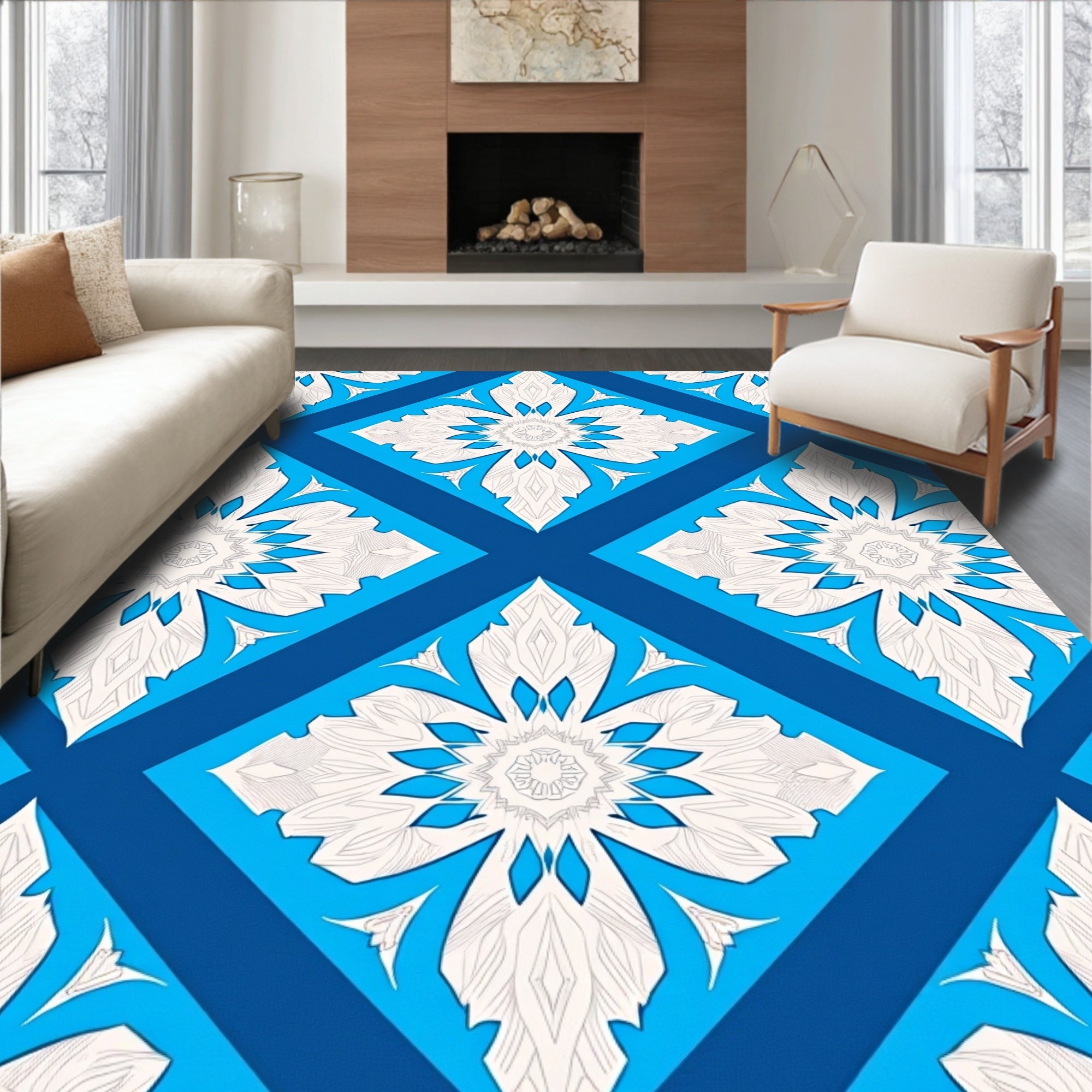 Bold Blue White Floral Diamond Rug