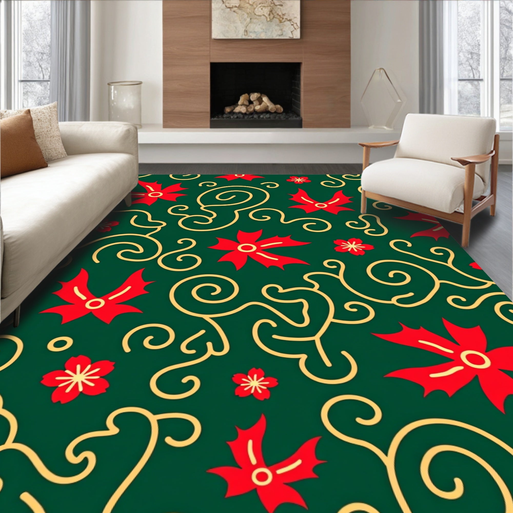 Red Holly Swirls On Green Background Rug